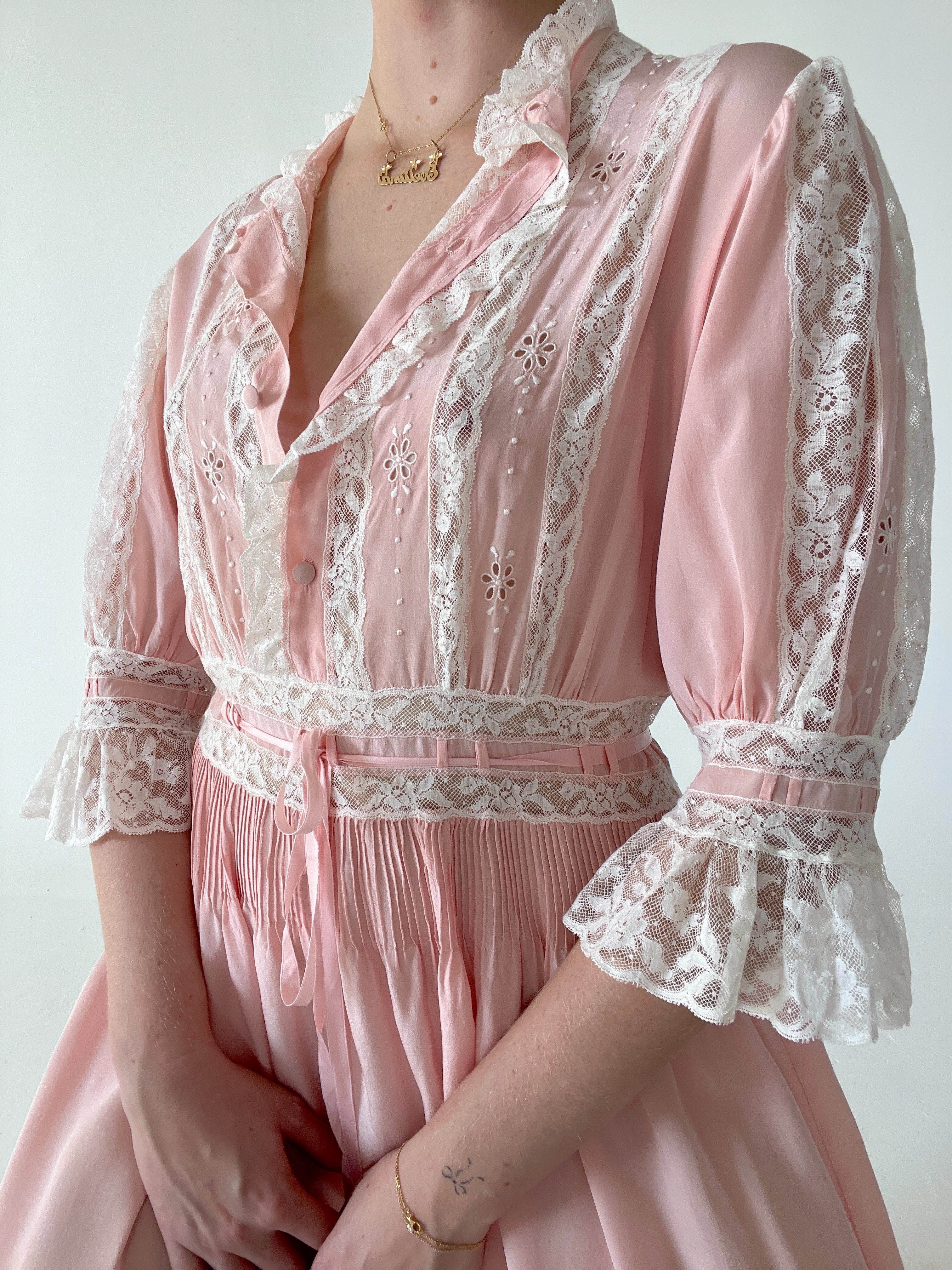 1930's Pink Silk Dress with White Lace and Embroidery