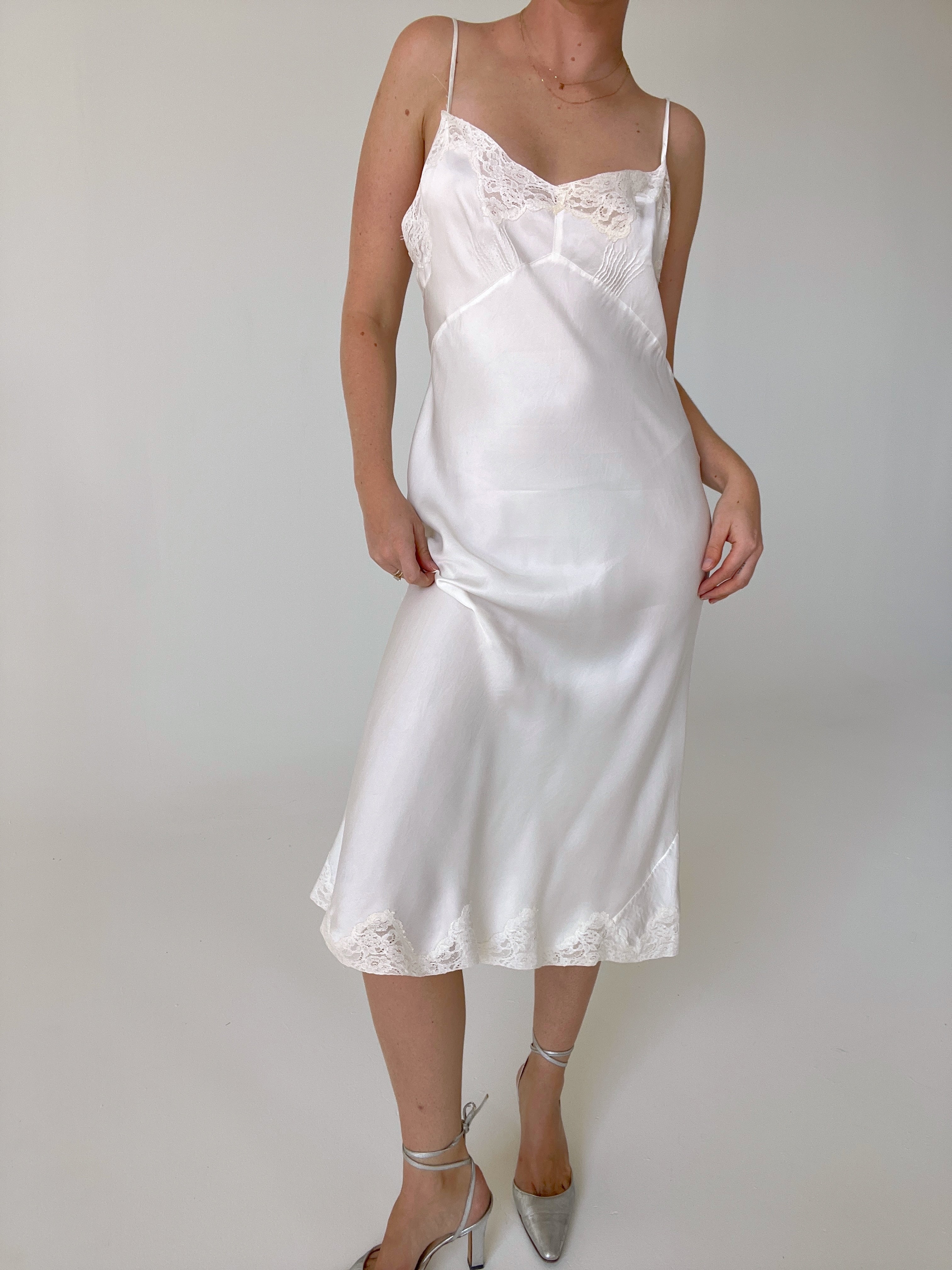 vintage white lace slip dress 1940's White Silk Slip Dress with Lace Eveliina Vintage