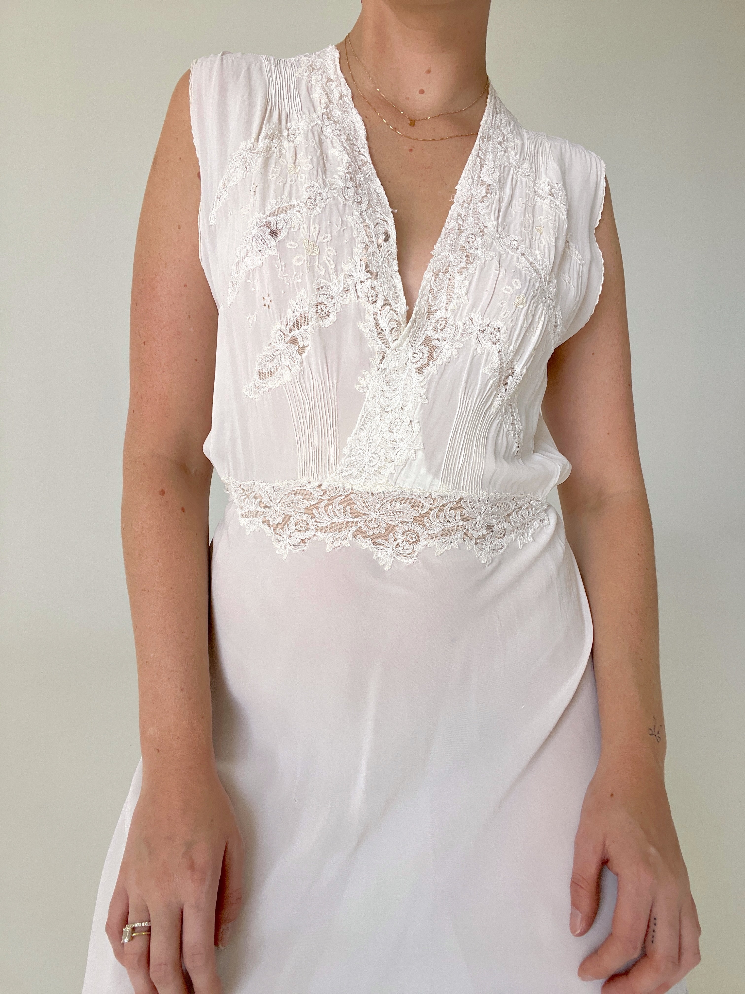 1930's Bridal White Silk Slip Dress with Lace