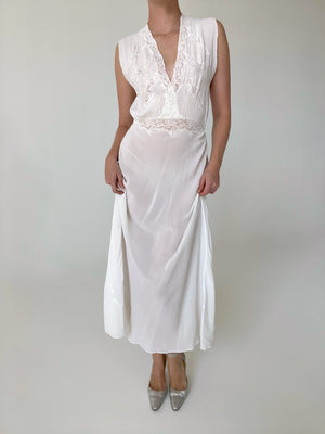 1930's Bridal White Silk Slip Dress with Lace