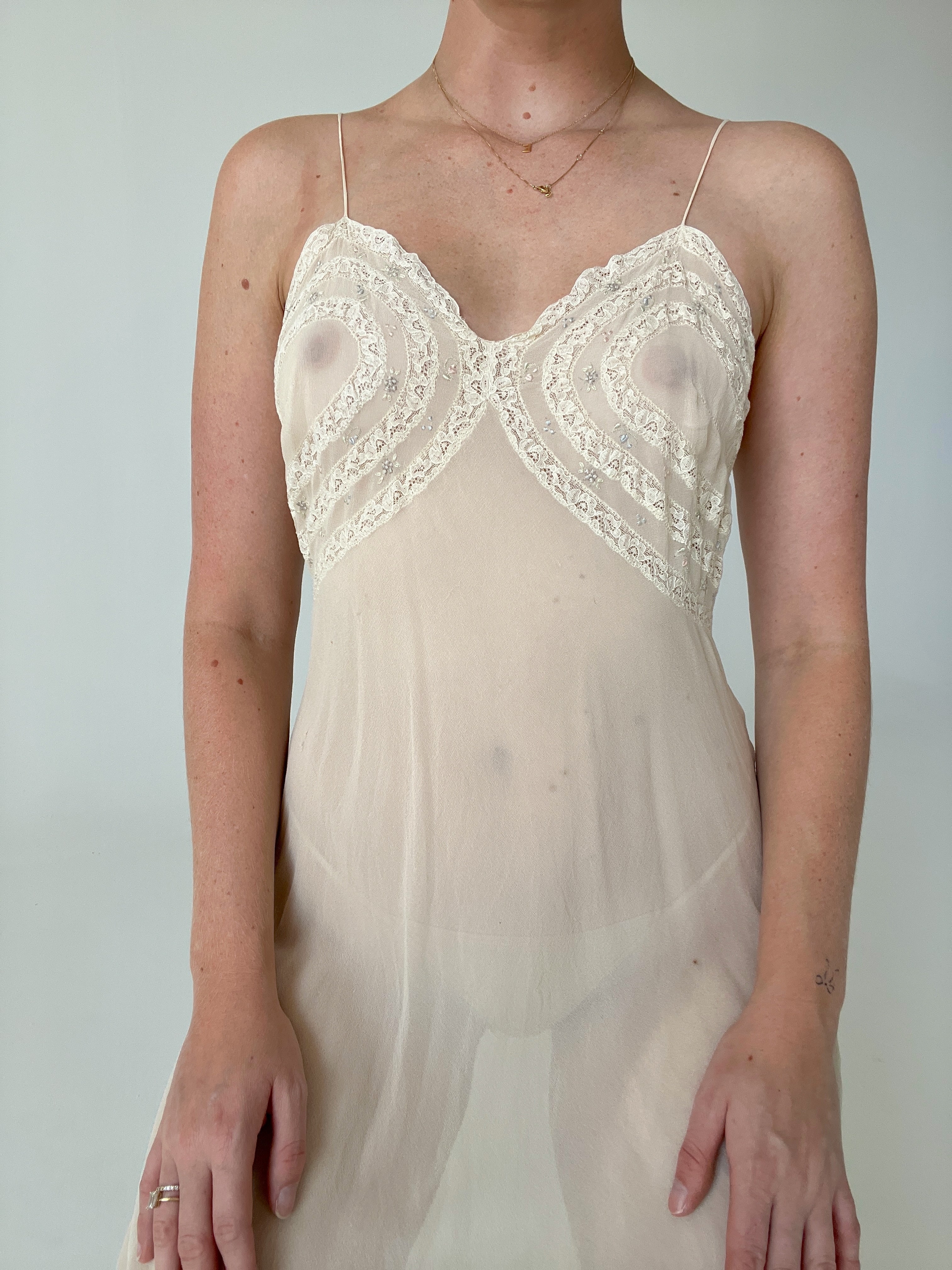 1930's Silk Chiffon Slip with Floral Embroidery