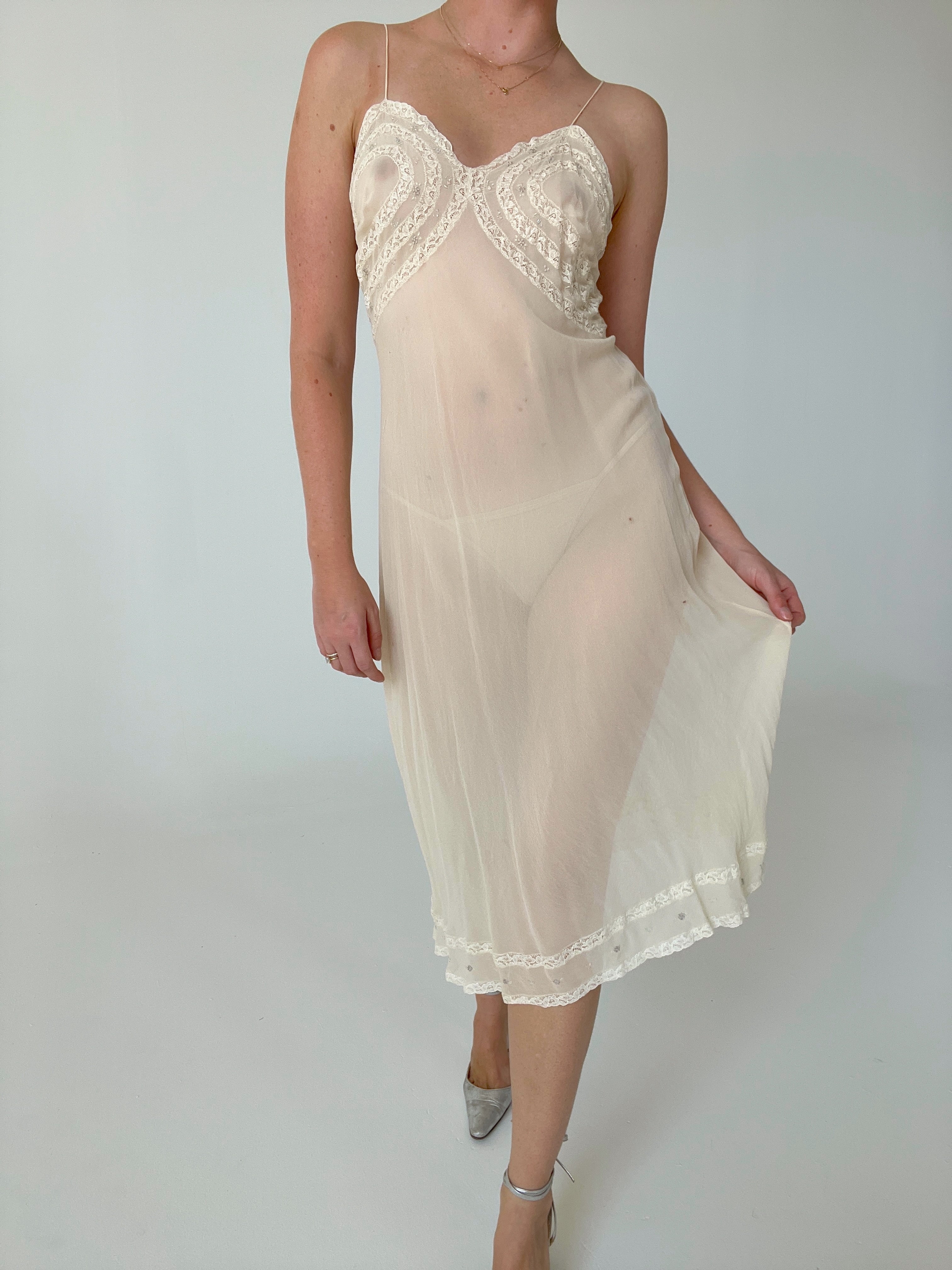 1930's Silk Chiffon Slip with Floral Embroidery