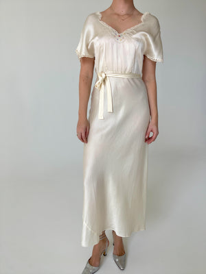 1930's Off White Silk Dress with Floral Embroidery