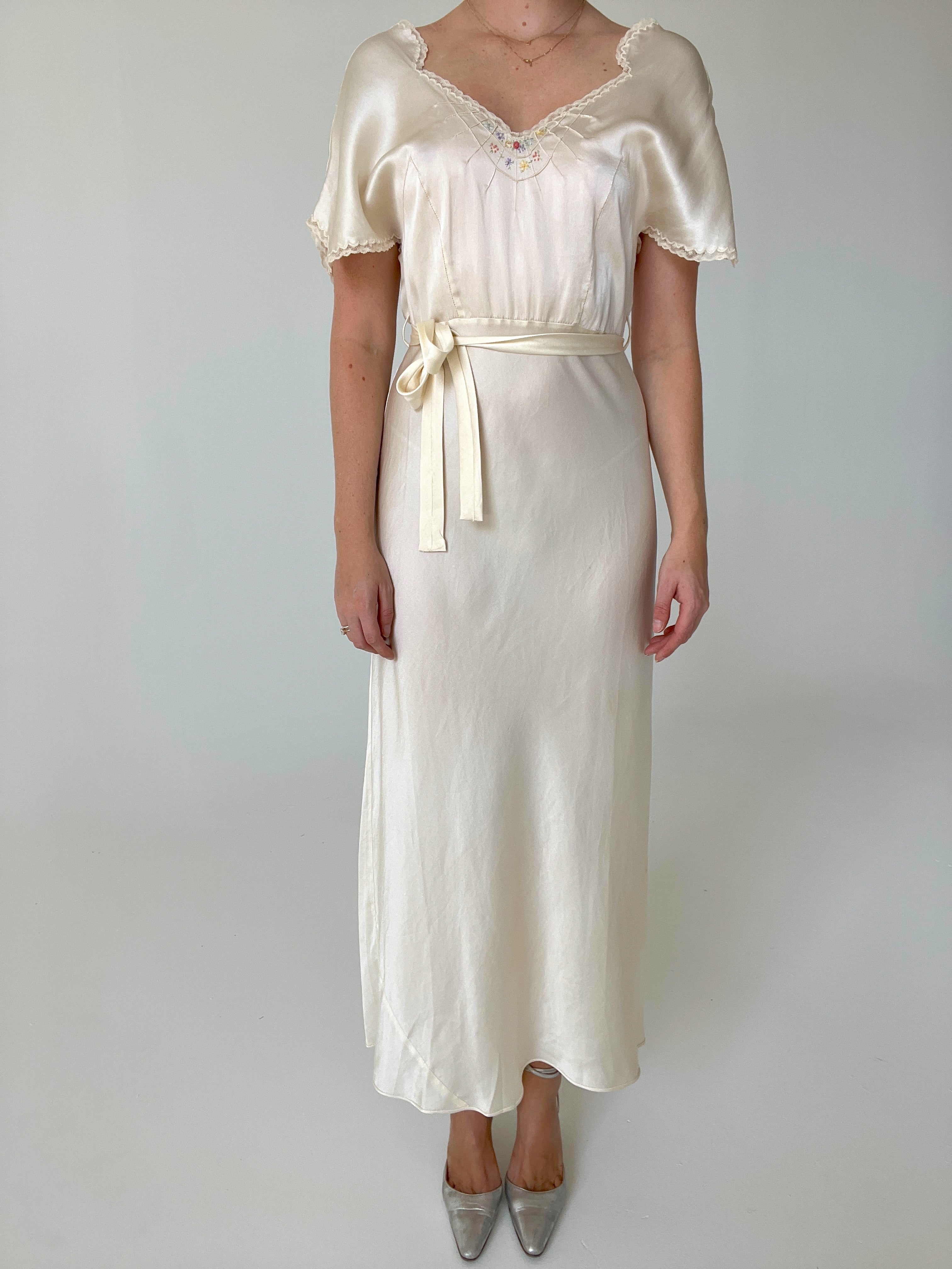 1930's Off White Silk Dress with Floral Embroidery