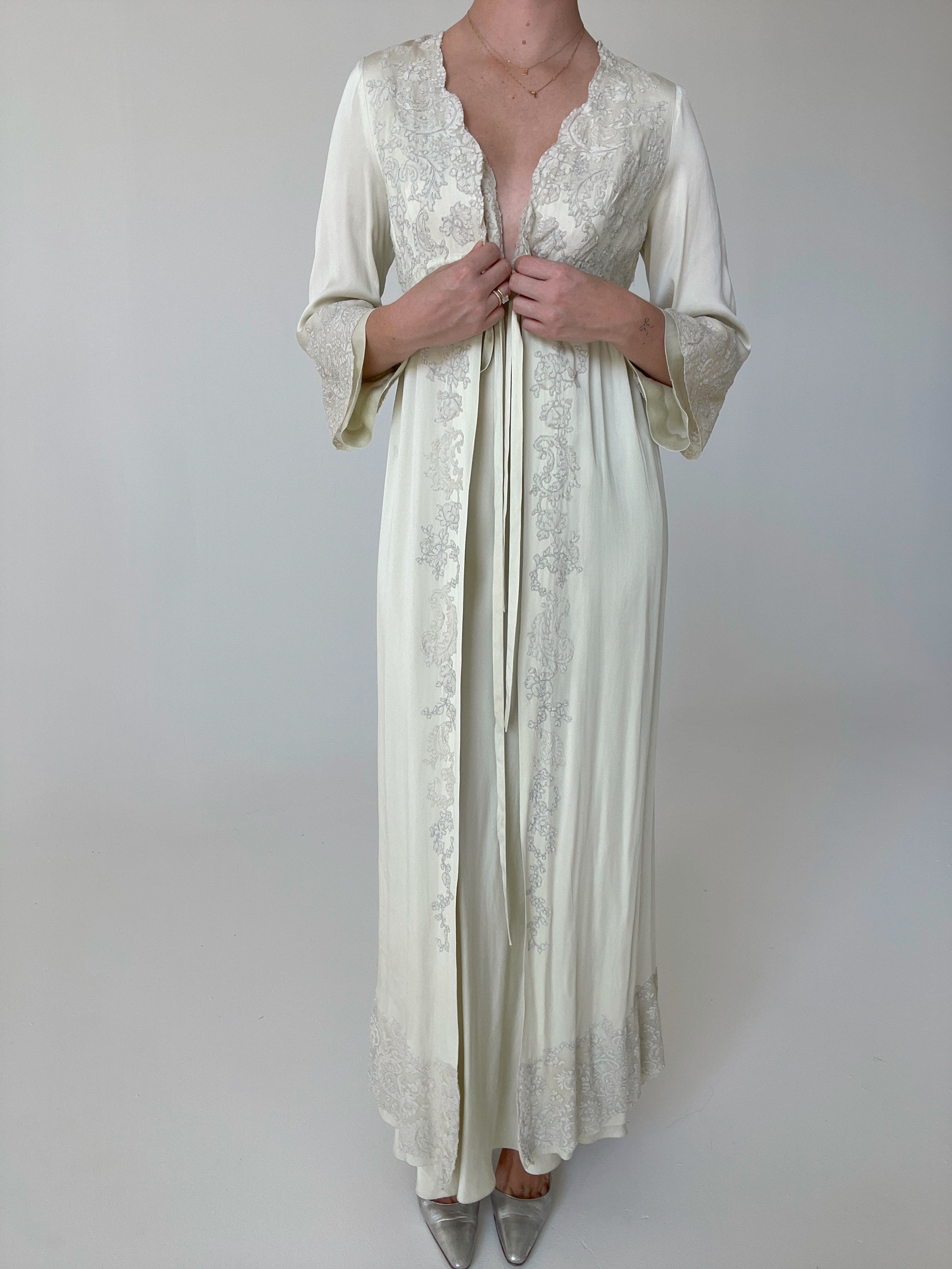 1930's Pale Mint Silk Robe With Lace