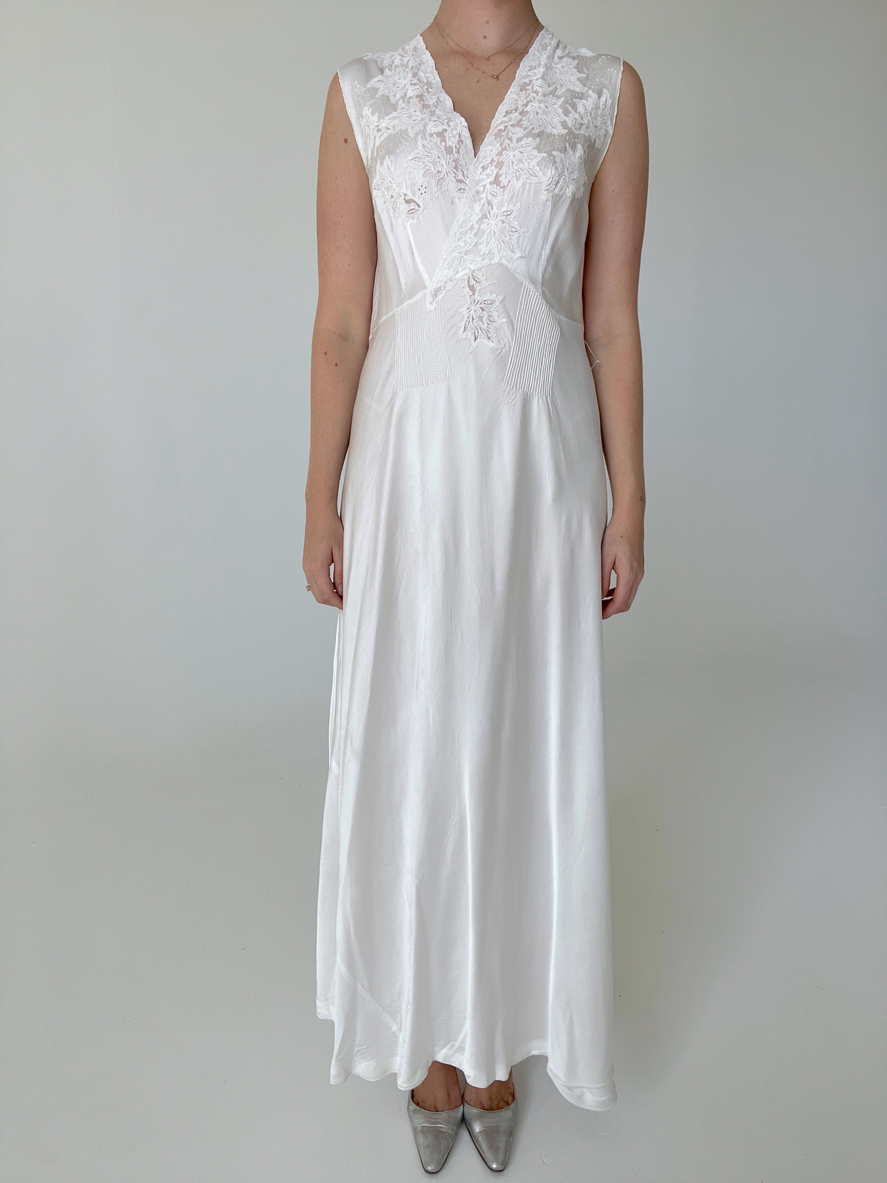 1940's Bridal White Silk Dress with Lace