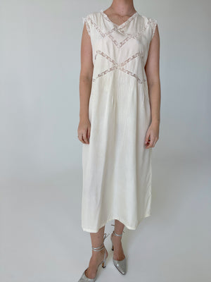1930's Off White Silk Dress with White Lace