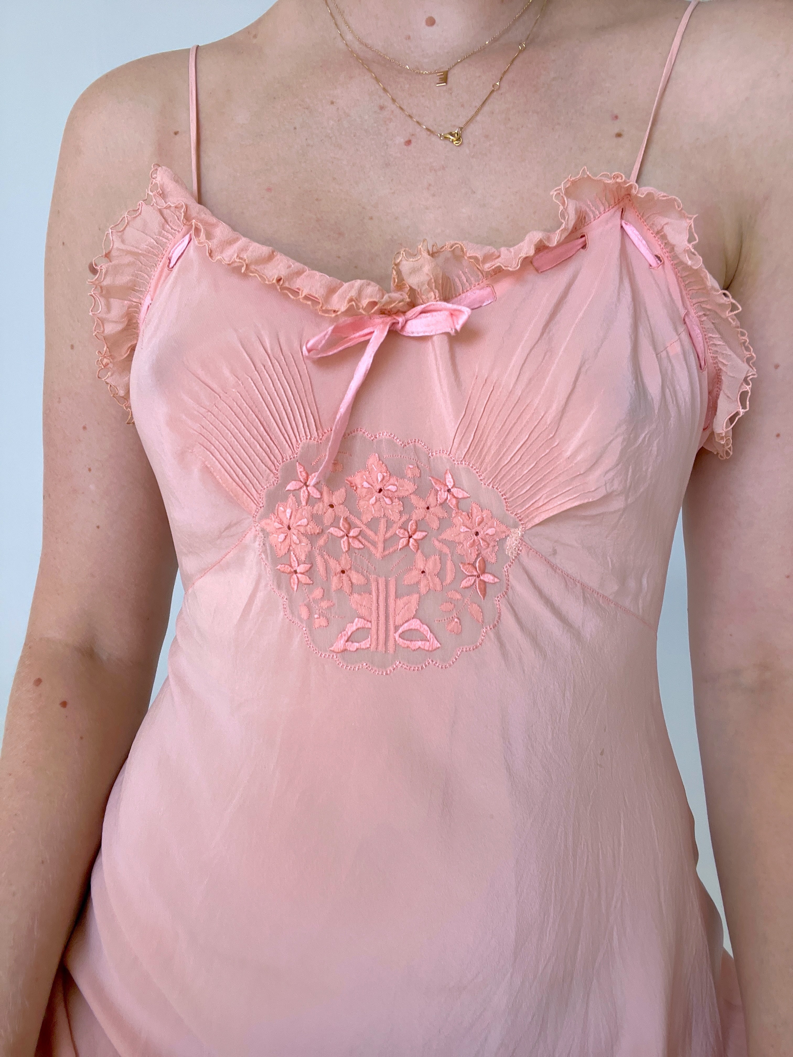 1930's Pink Silk Slip with Floral Embroidery