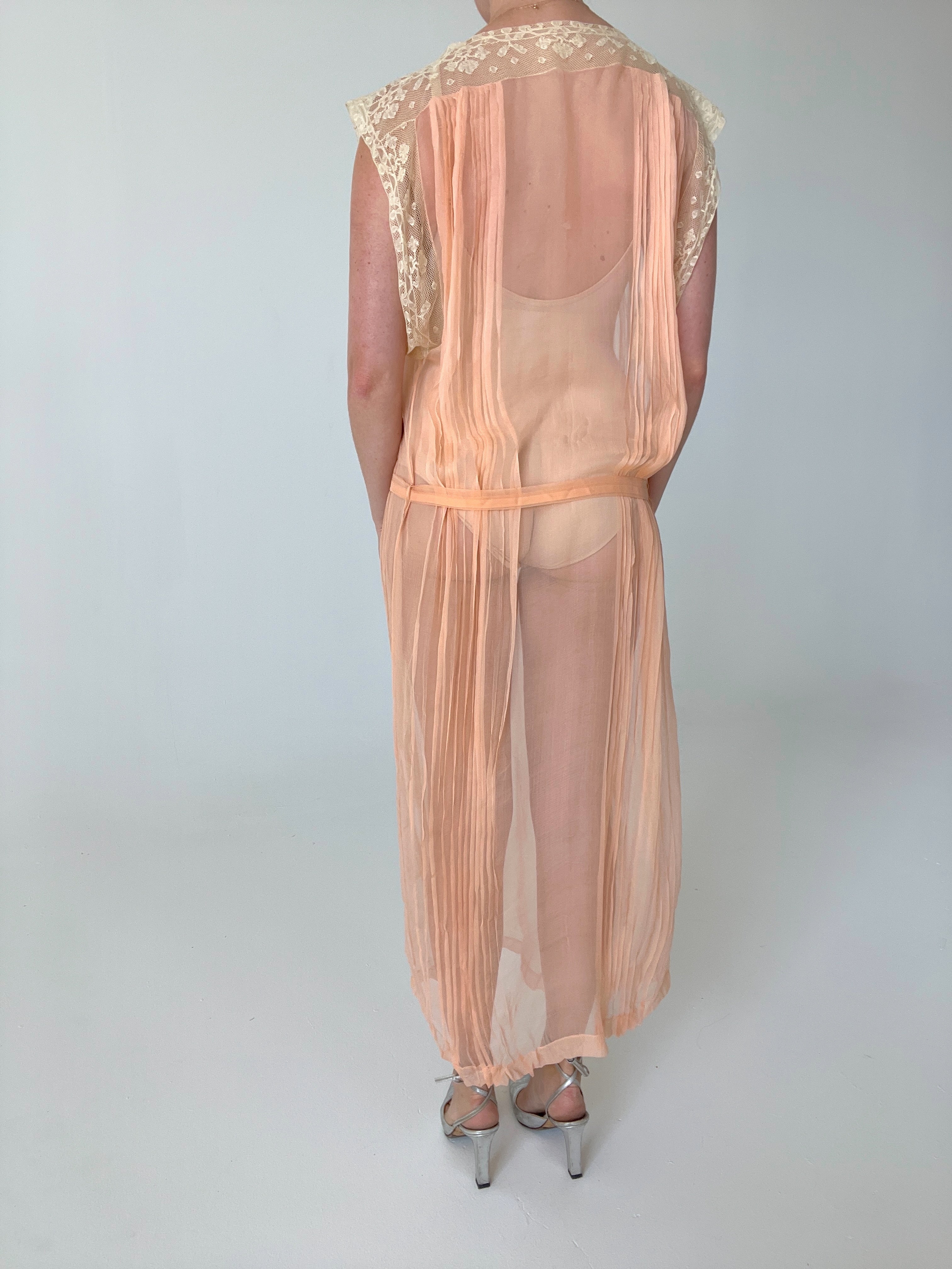 1920's Peachy Pink Silk Chiffon Dress with Cream Lace