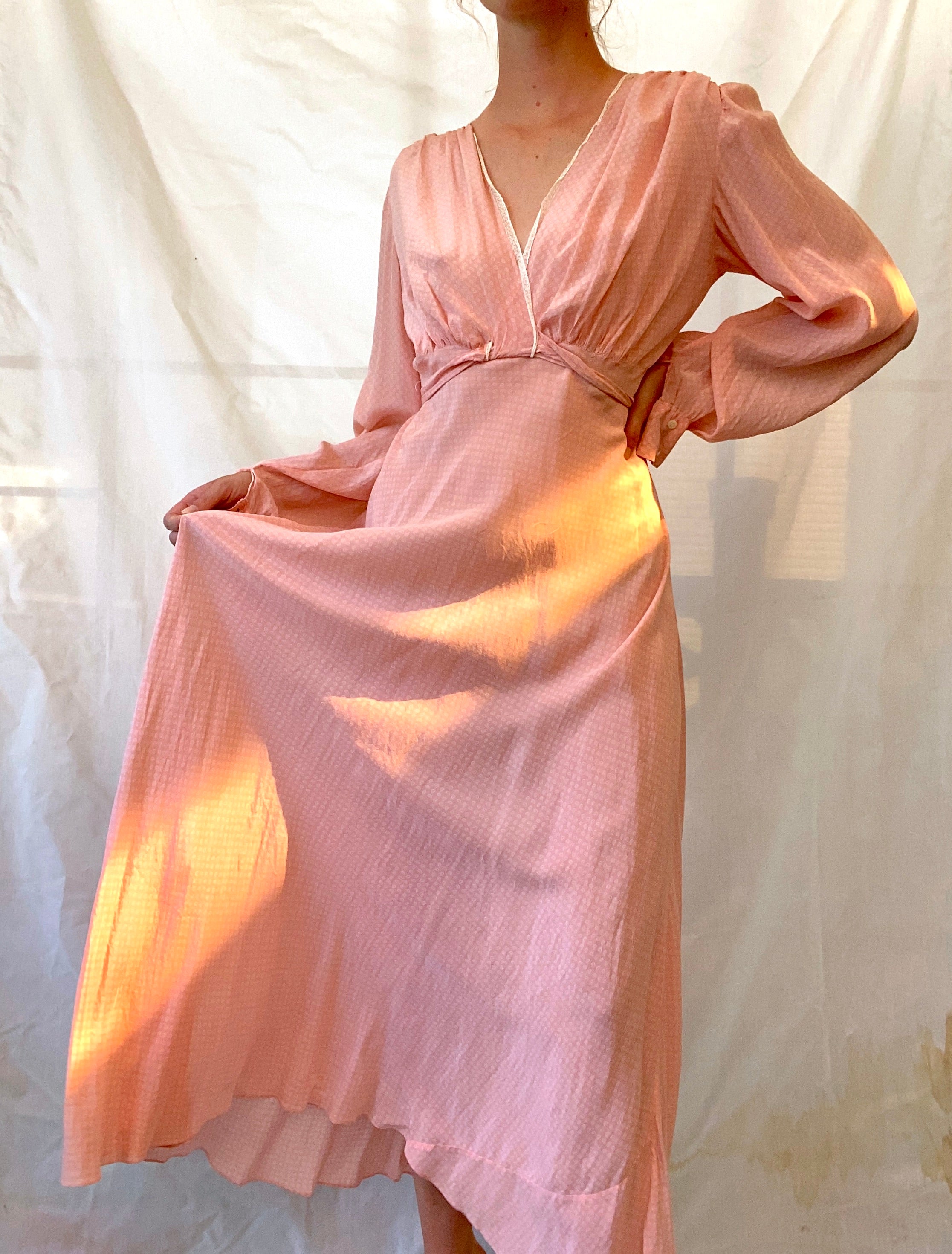 Lightweight Pink Silk Long Sleeve Wrap Dress