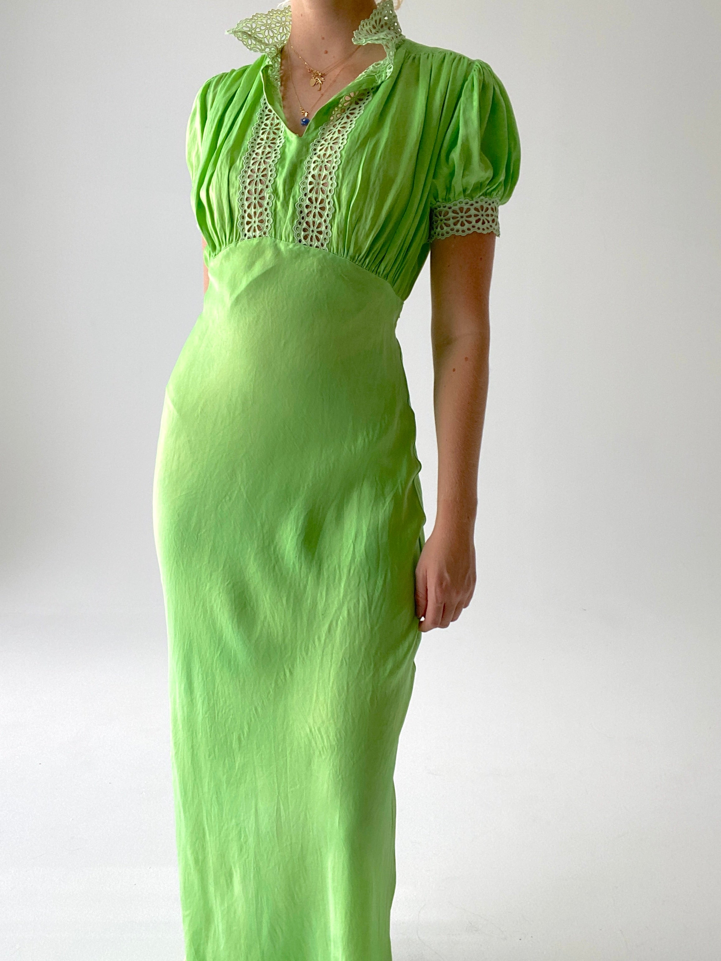 Hand Dyed Green Puffed Sleeve Dress