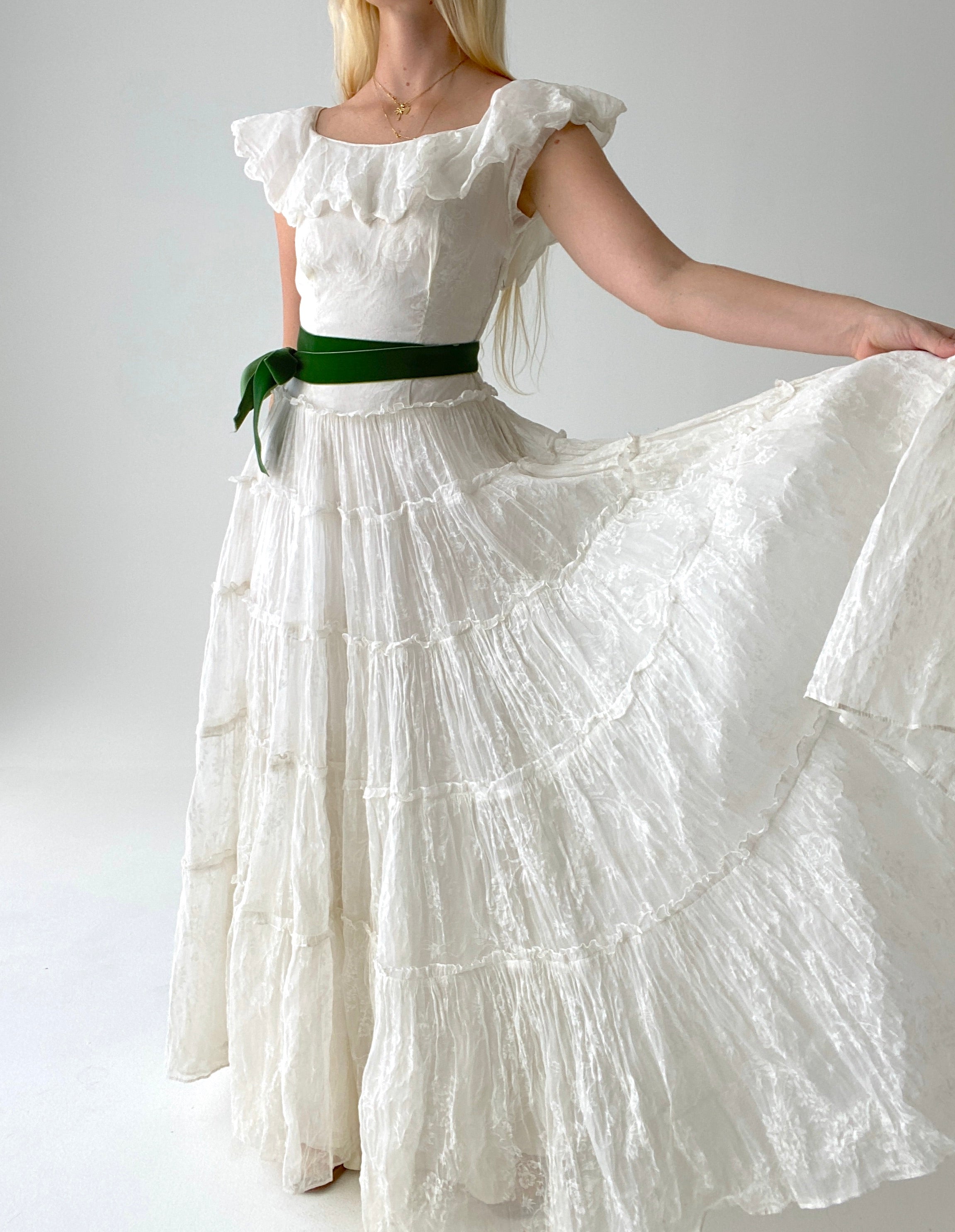 1930's Floral Printed White Organza Gown
