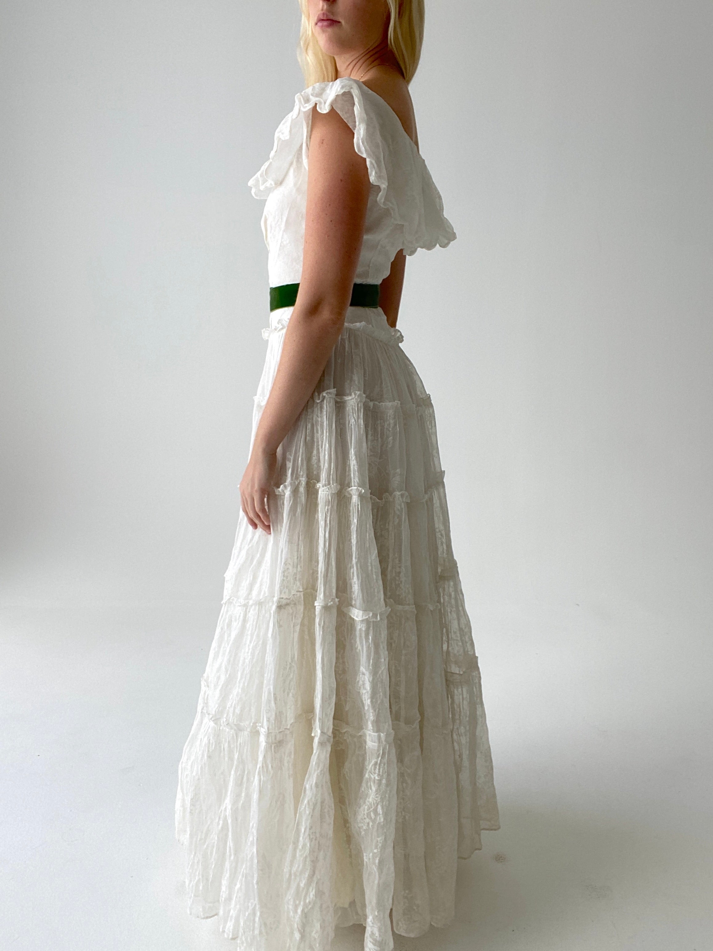 1930's Floral Printed White Organza Gown