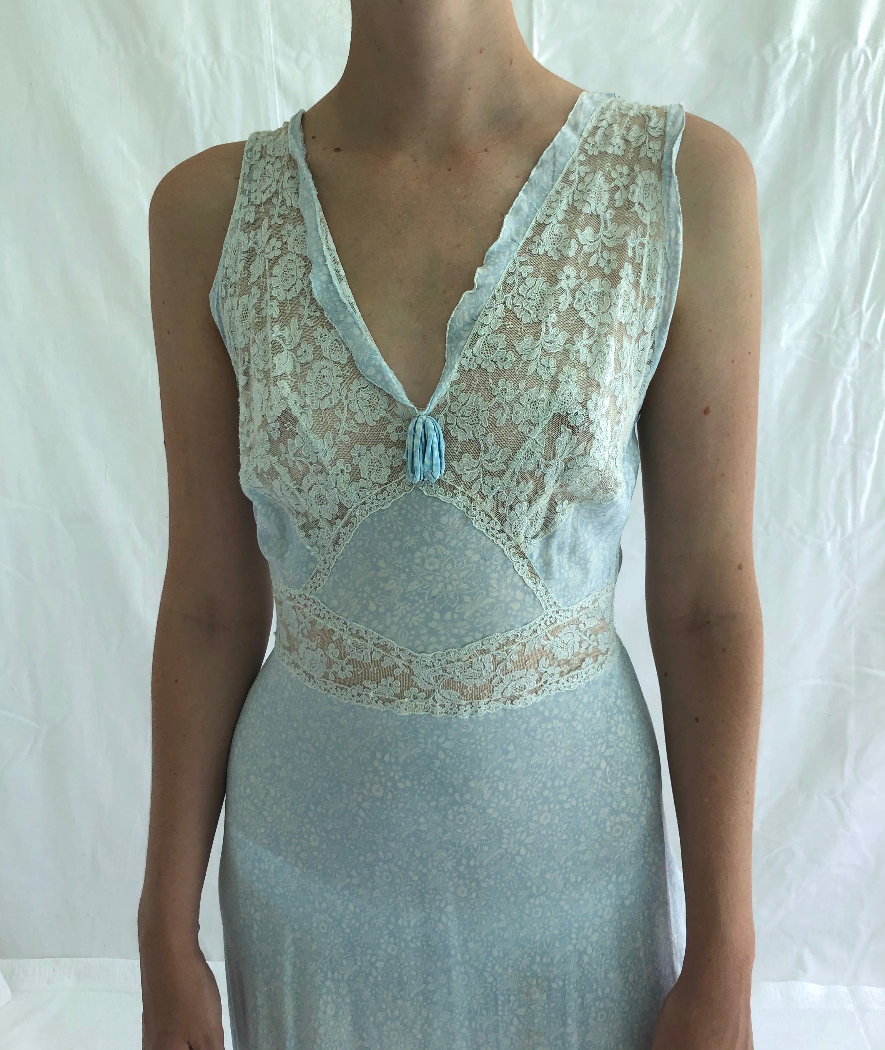 1930's Baby Blue Slip with White Floral Print