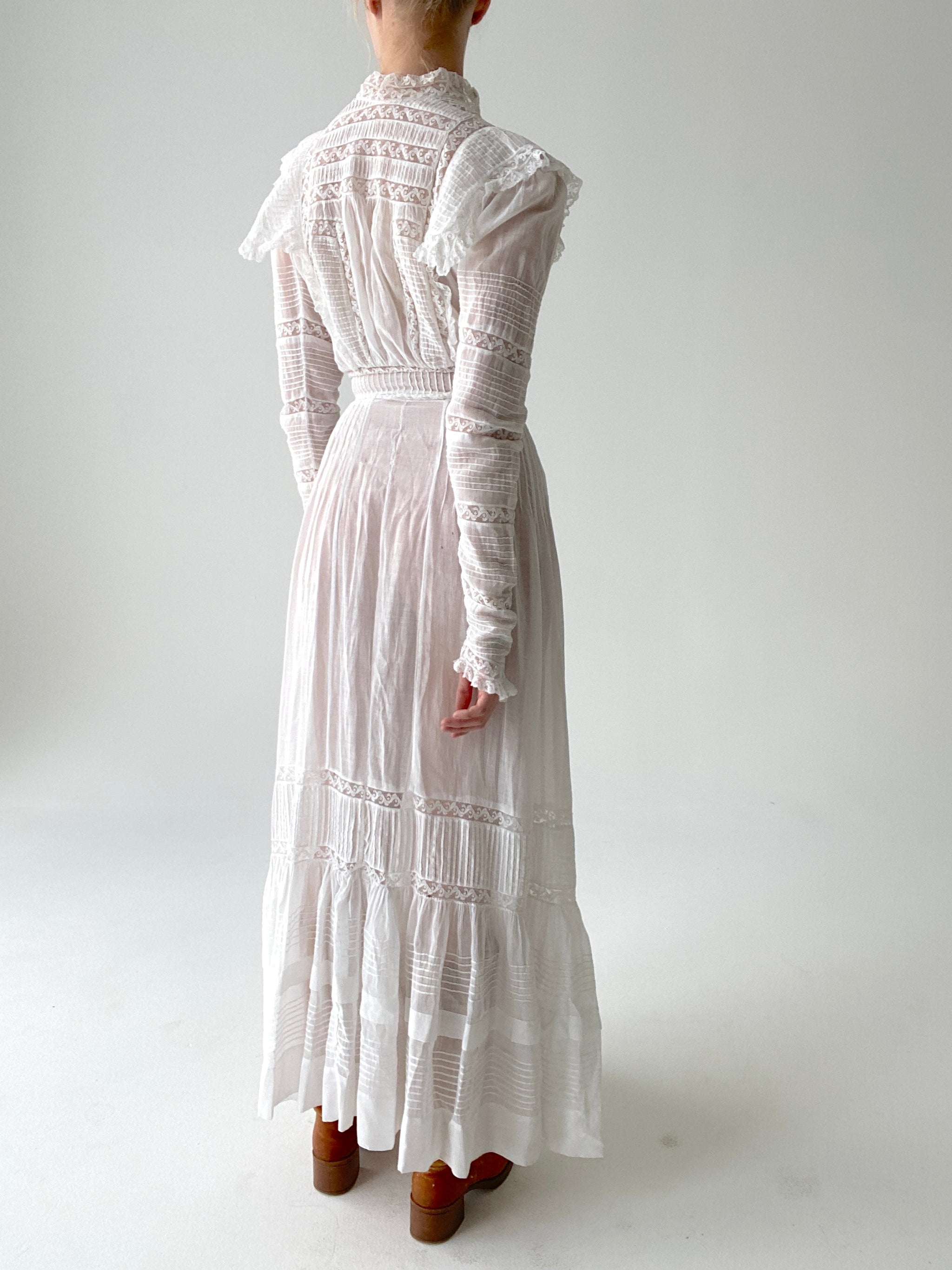 White Victorian Cotton Long Sleeve Dress with Intricate Lace  Eveliina  Vintage