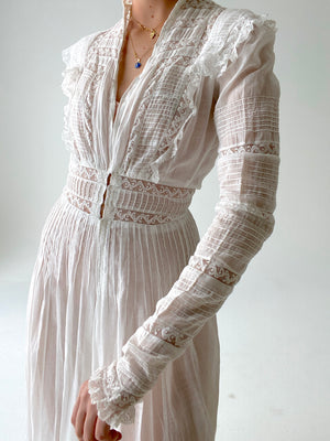 White Victorian Cotton Long Sleeve Dress with Intricate Lace