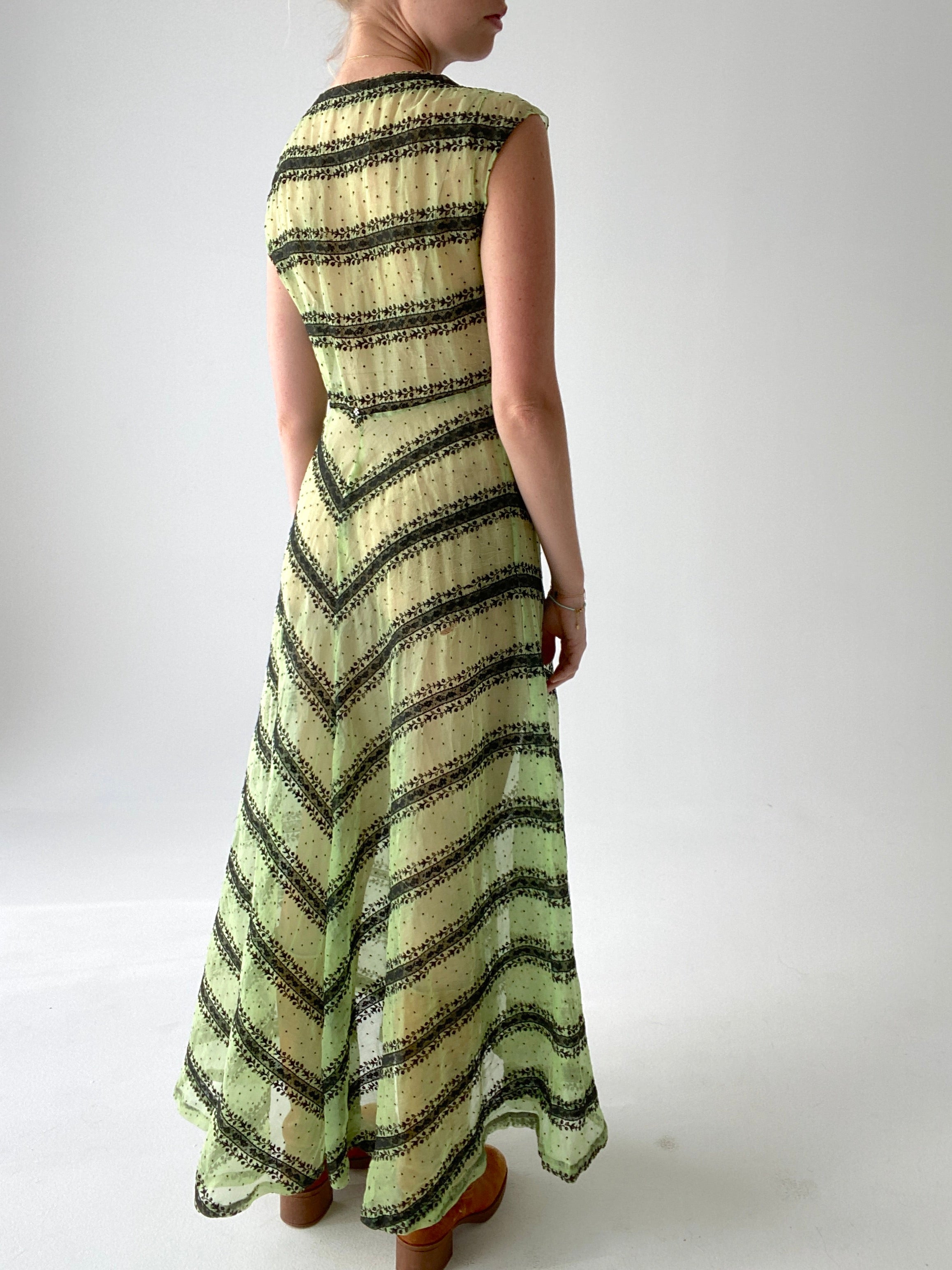 1930's Hand Dyed Green Dress with Black Lace Stripes