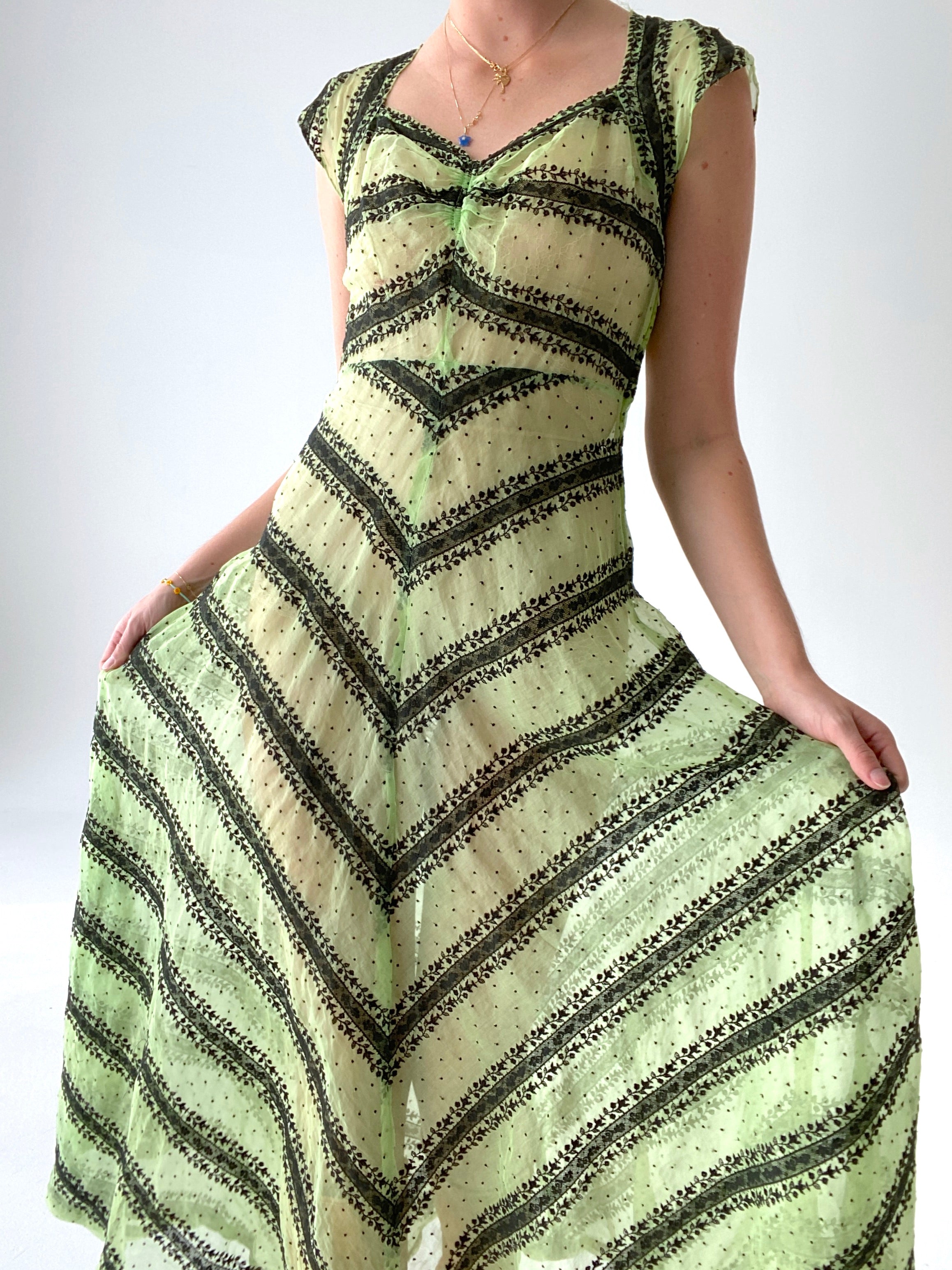 1930's Hand Dyed Green Dress with Black Lace Stripes