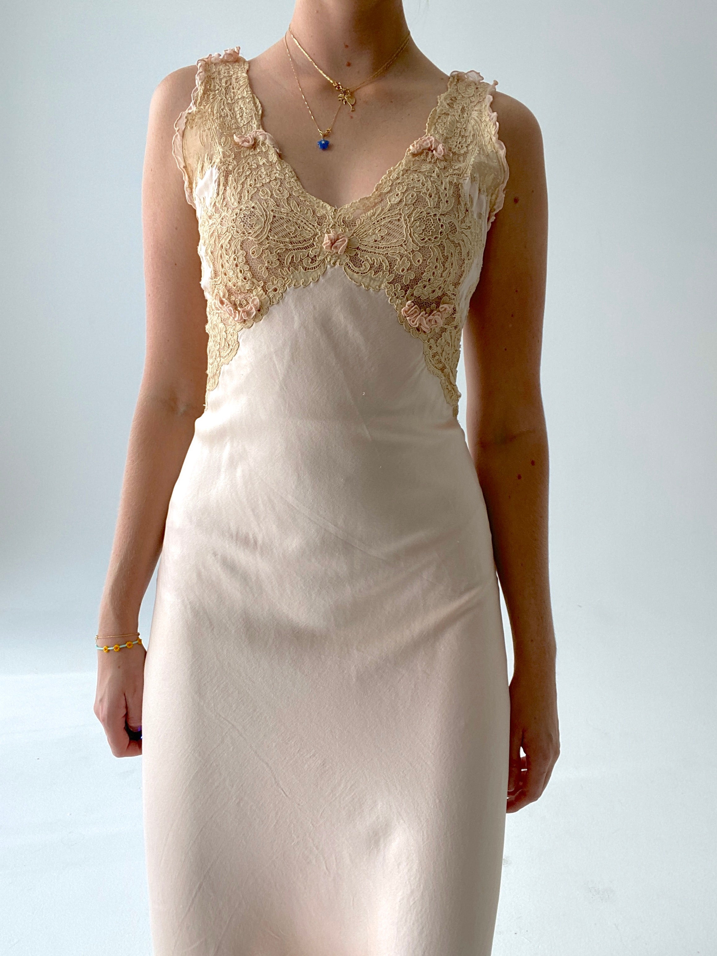 1930's Pink Silk Slip with Cream Lace and Rosettes