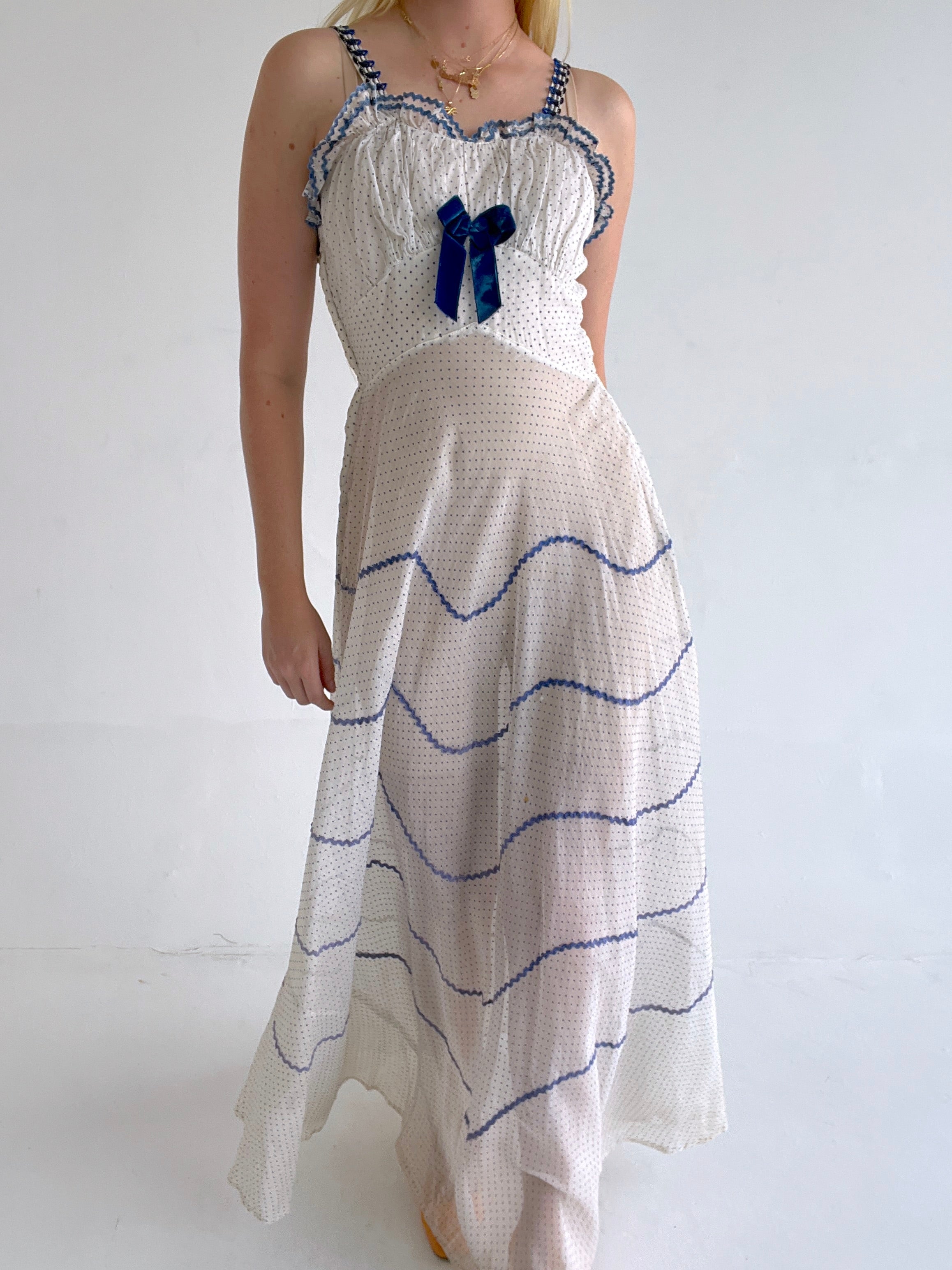 1930's Blue Swiss Dot Gown with Blue Trim