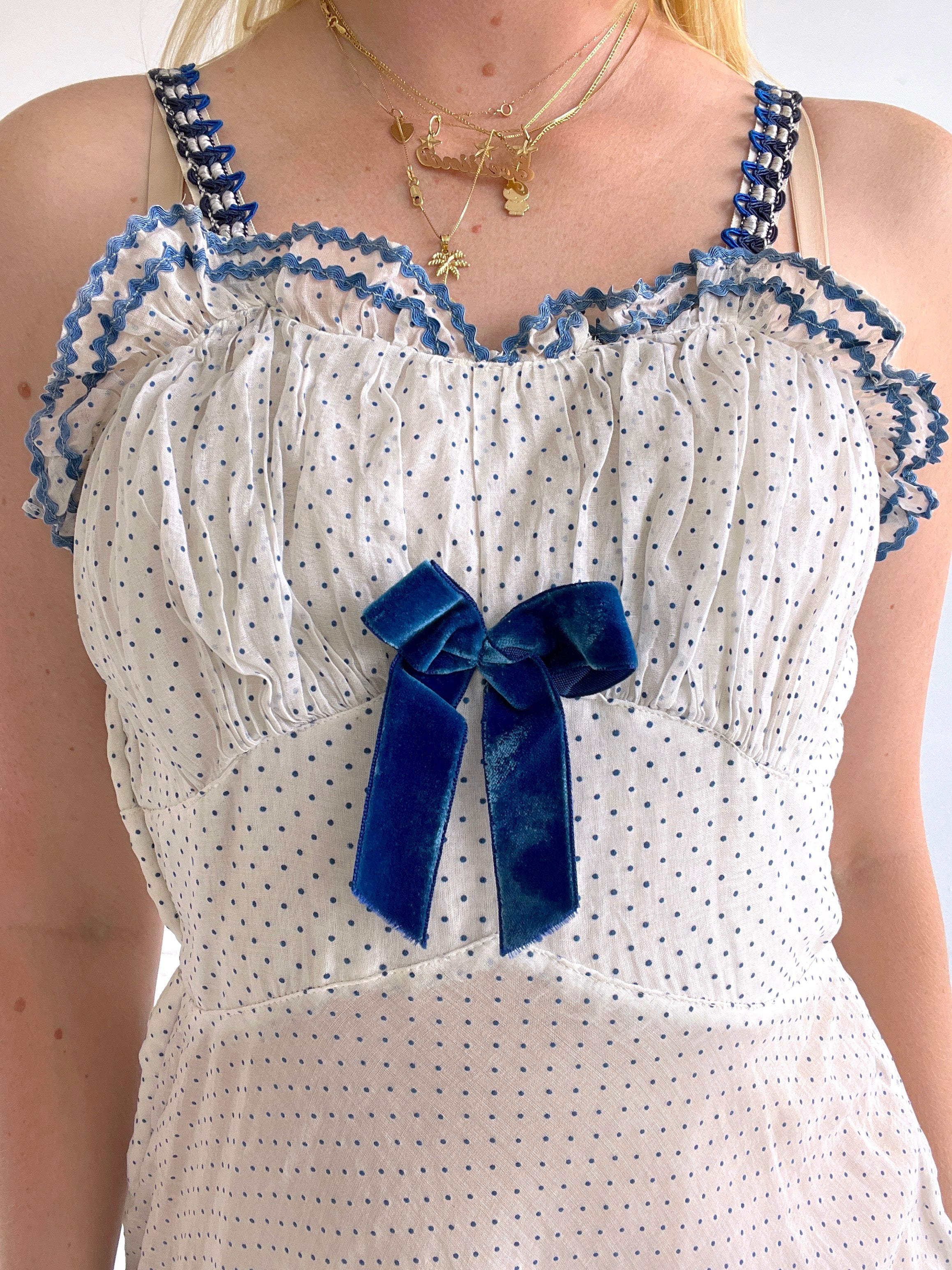 1930's Blue Swiss Dot Gown with Blue Trim