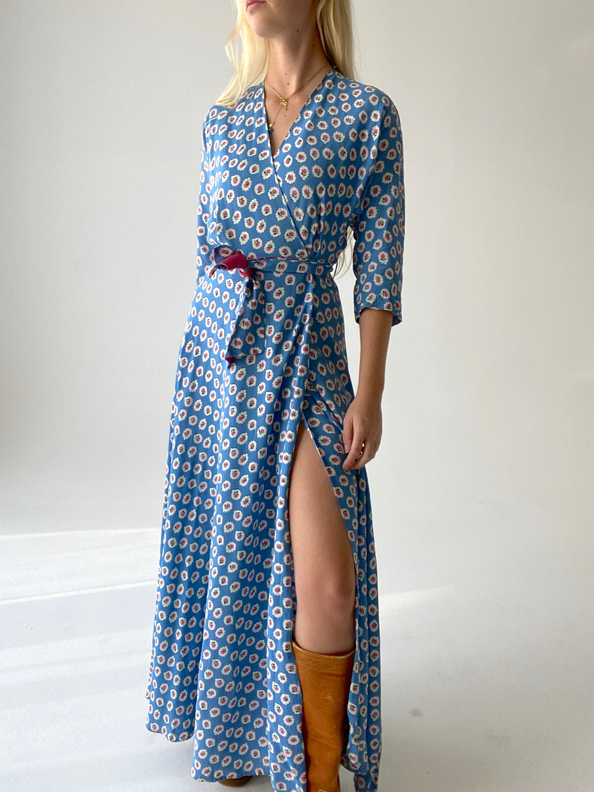 1940's Blue Wrap Dress with Rose Print