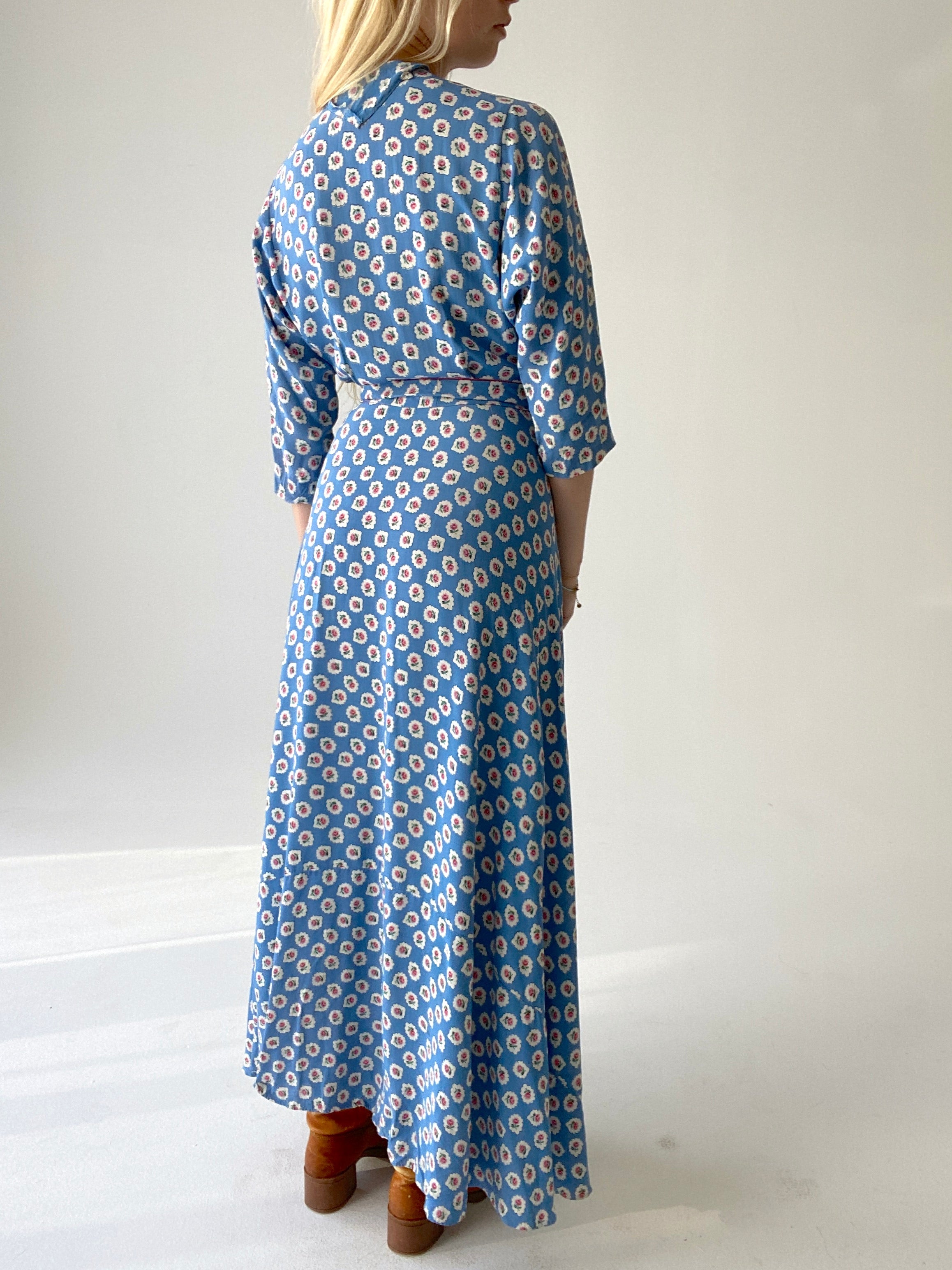1940's Blue Wrap Dress with Rose Print