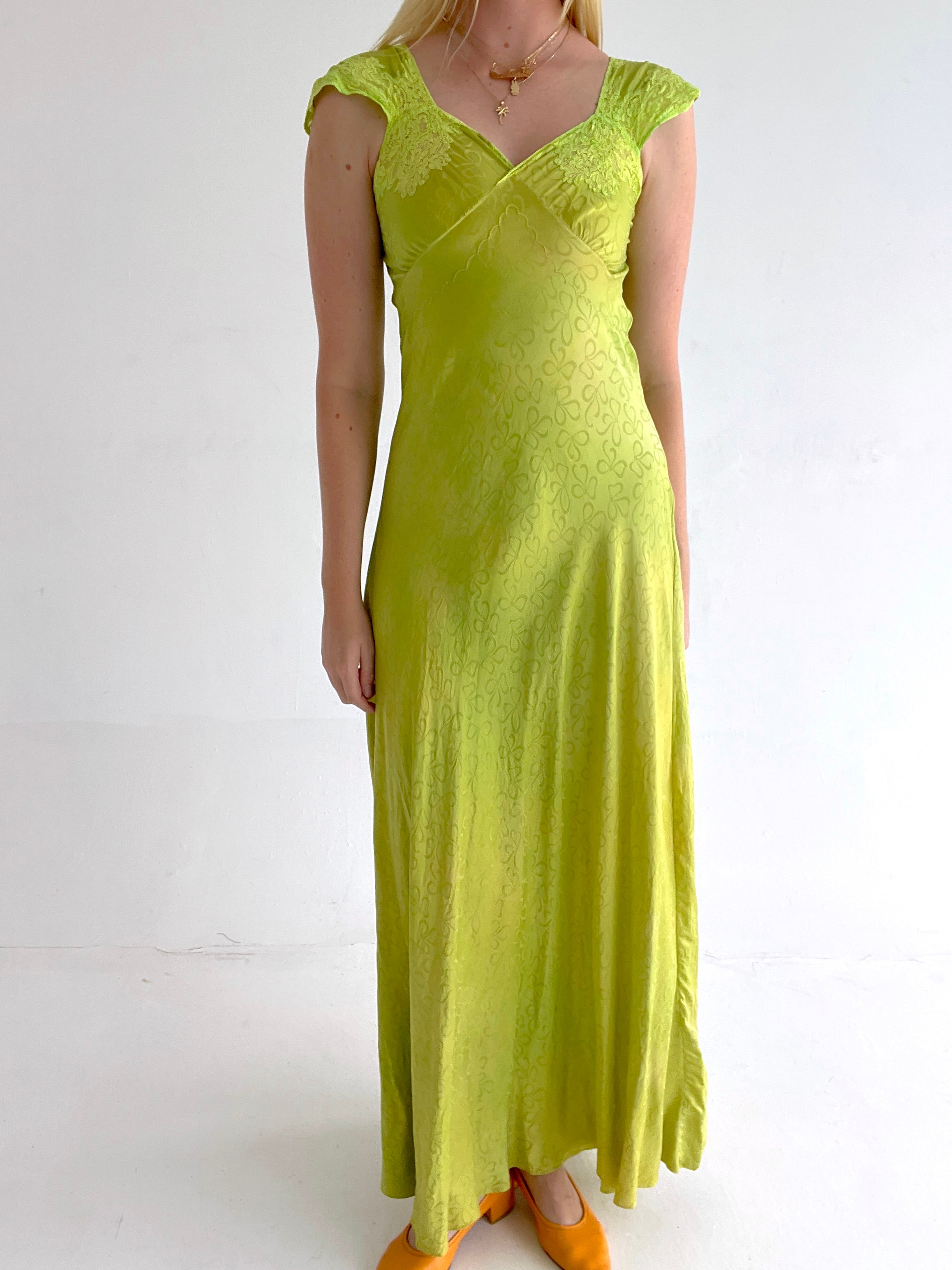 Hand Dyed Leafy Green Bow Embossed Silk Slip
