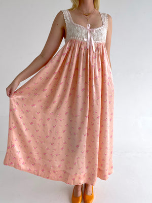 1920's Floral Print Pink Dress with Crochet Top