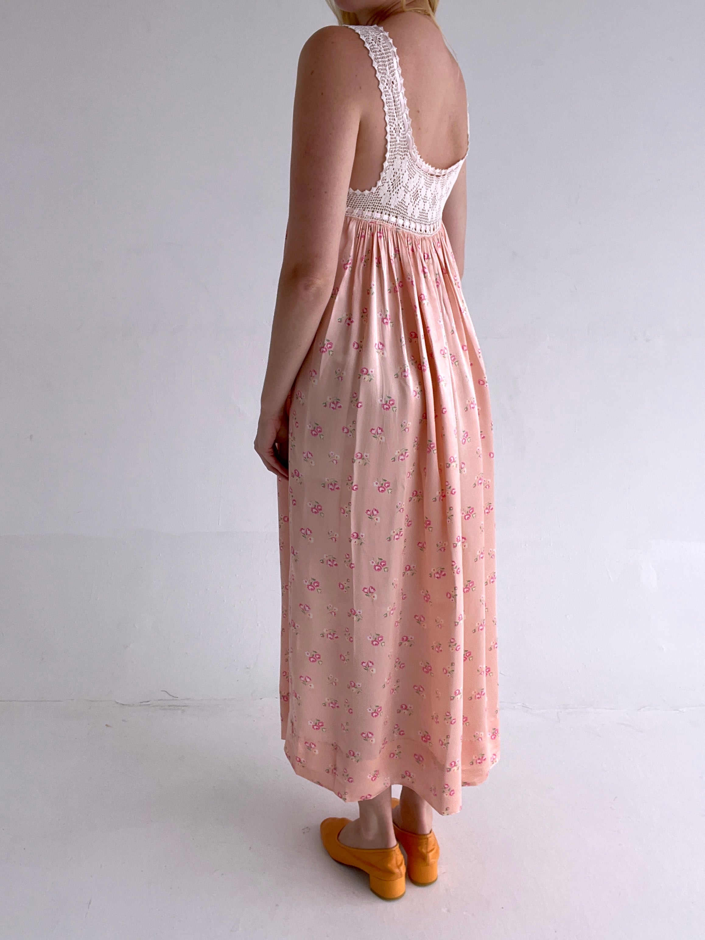1920's Floral Print Pink Dress with Crochet Top
