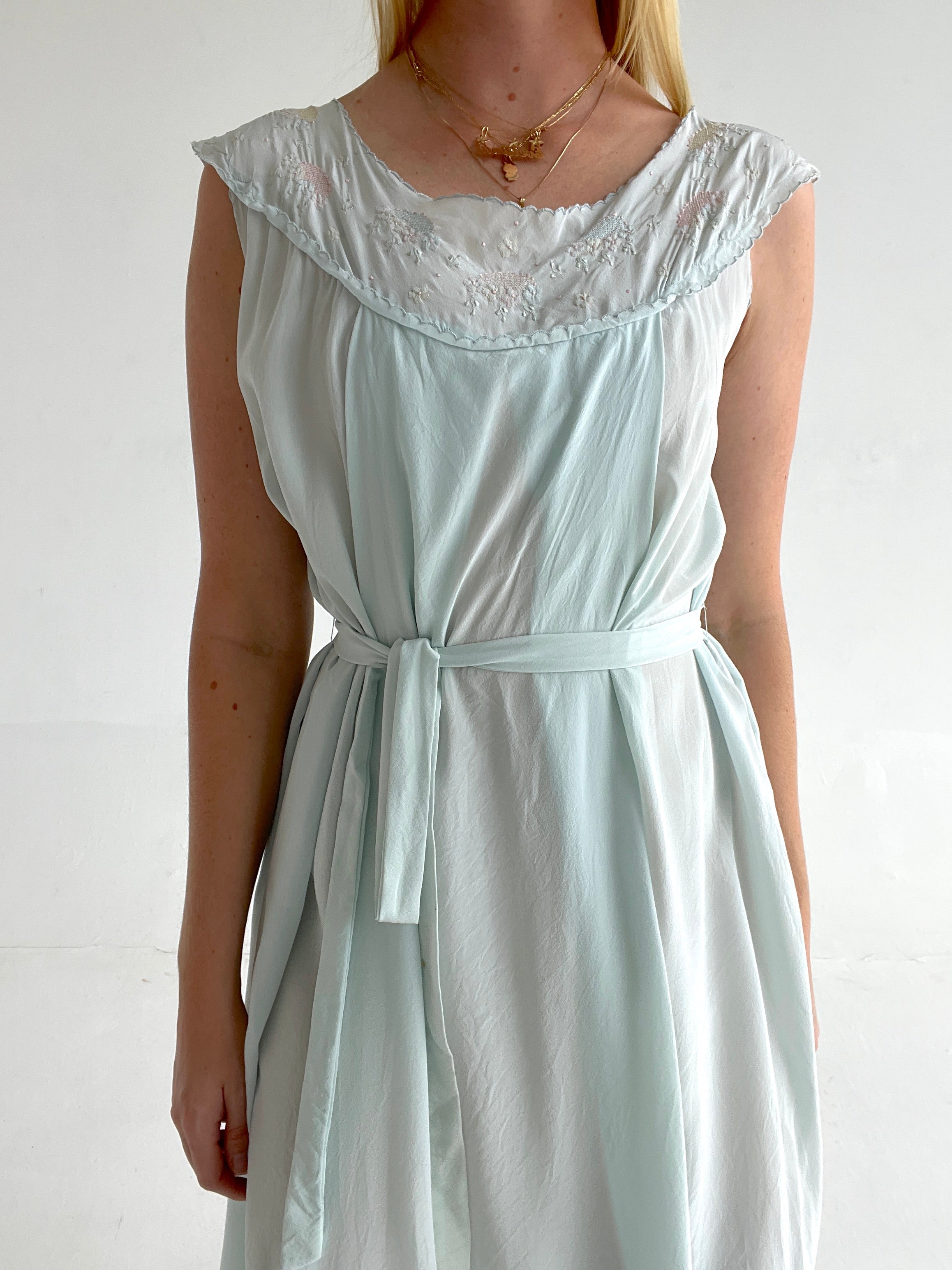 1930's Baby Blue Silk Dress with Pink and Blue Floral Embroidery