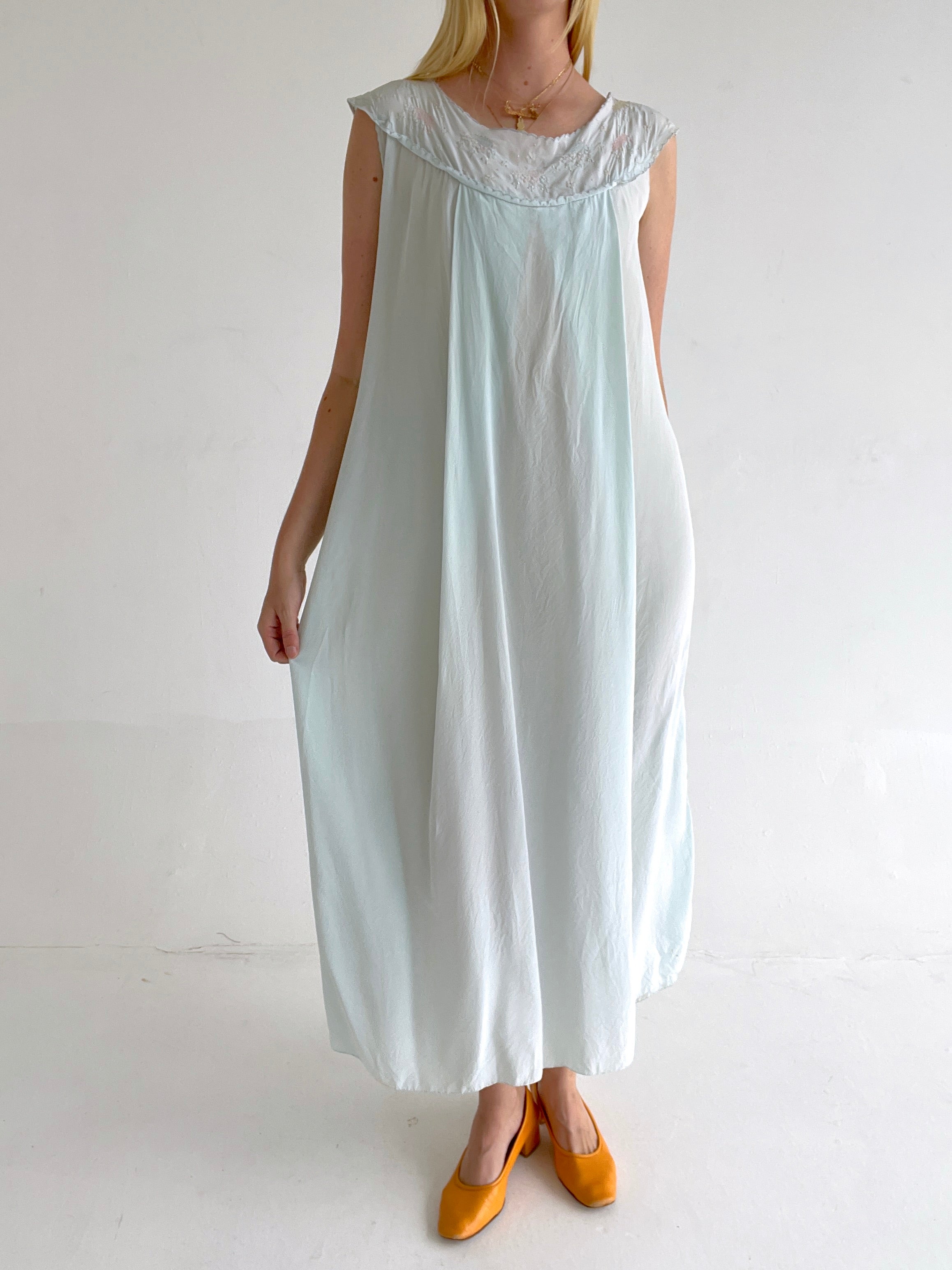 1930's Baby Blue Silk Dress with Pink and Blue Floral Embroidery