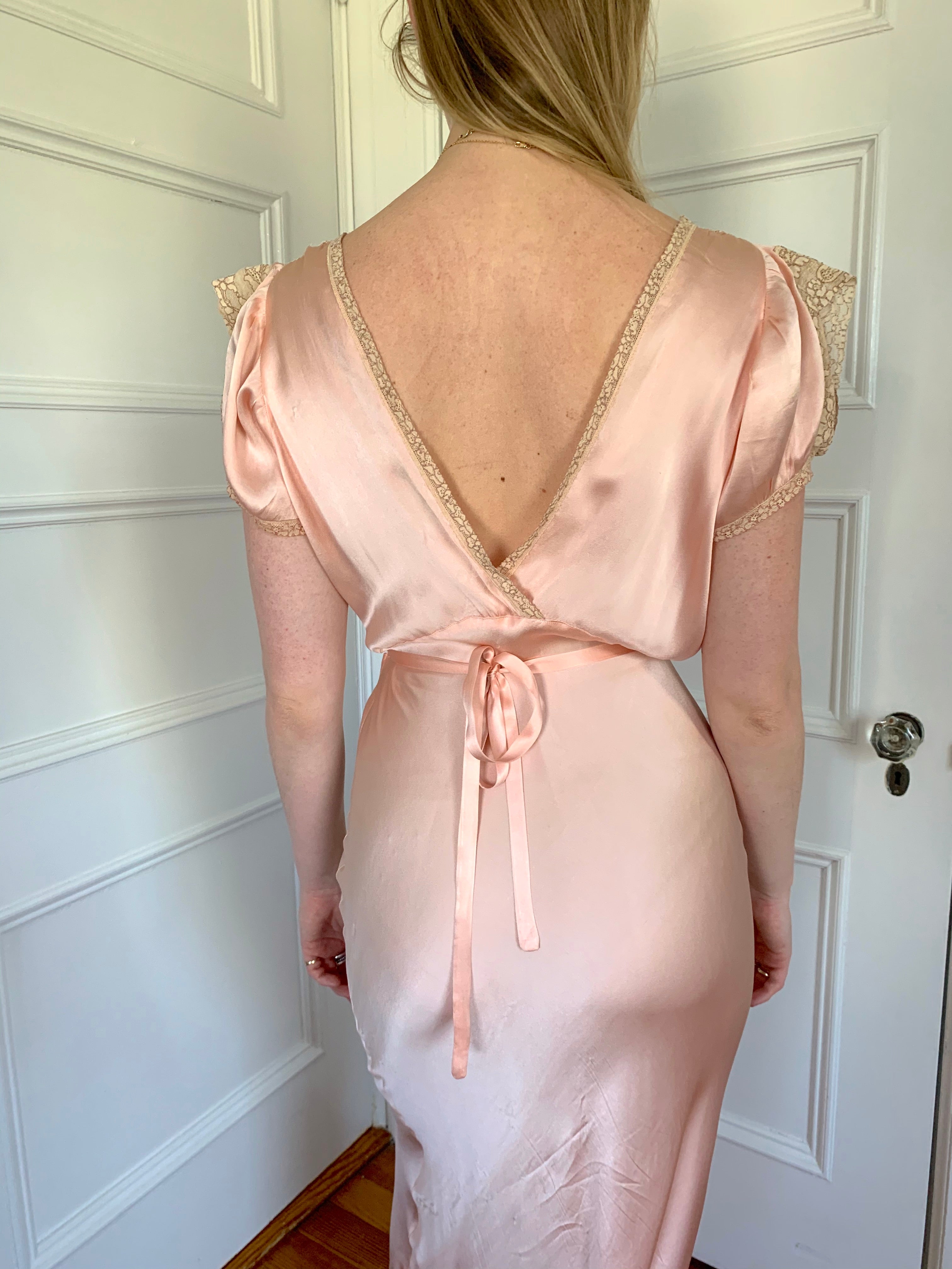 Pink Silk Slip with Little Sleeve and Cream Lace