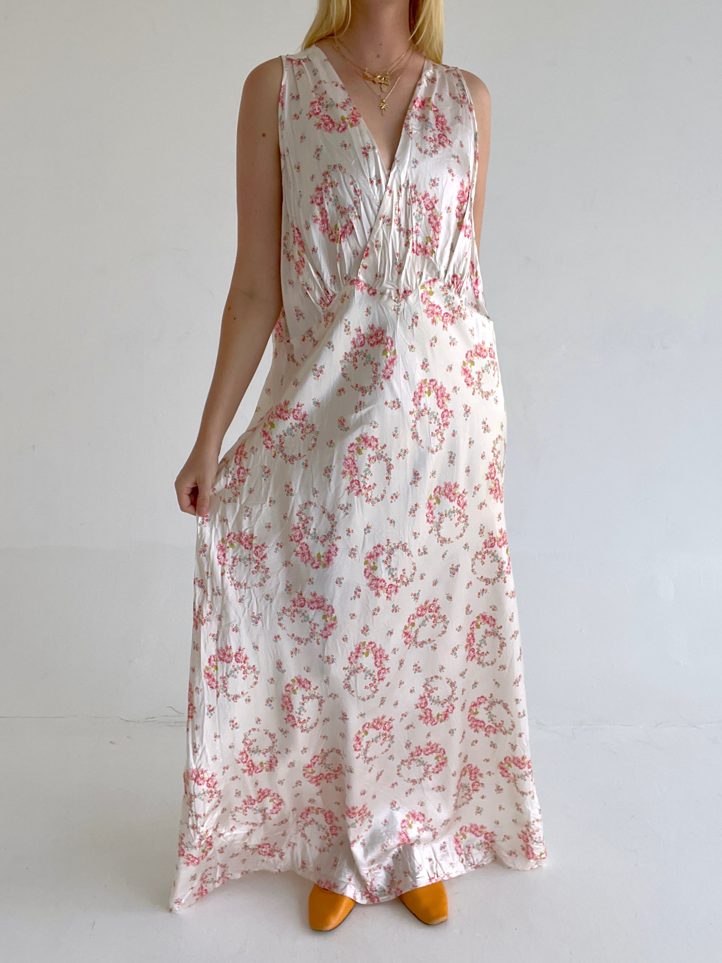 1930's White Slip with Pink Floral Wreath Print