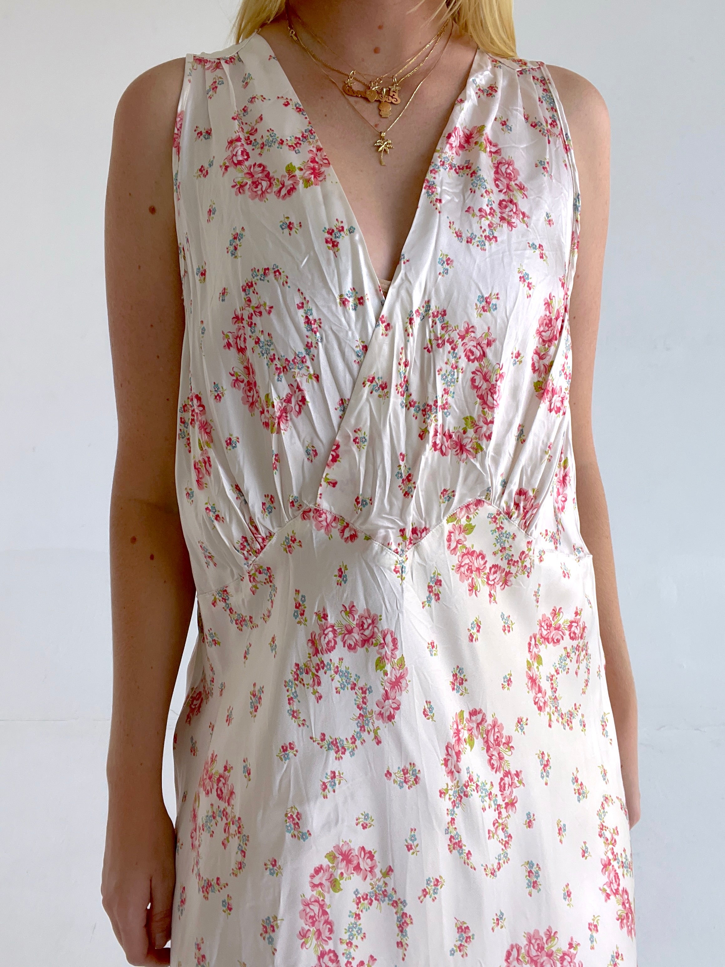 1930's White Slip with Pink Floral Wreath Print