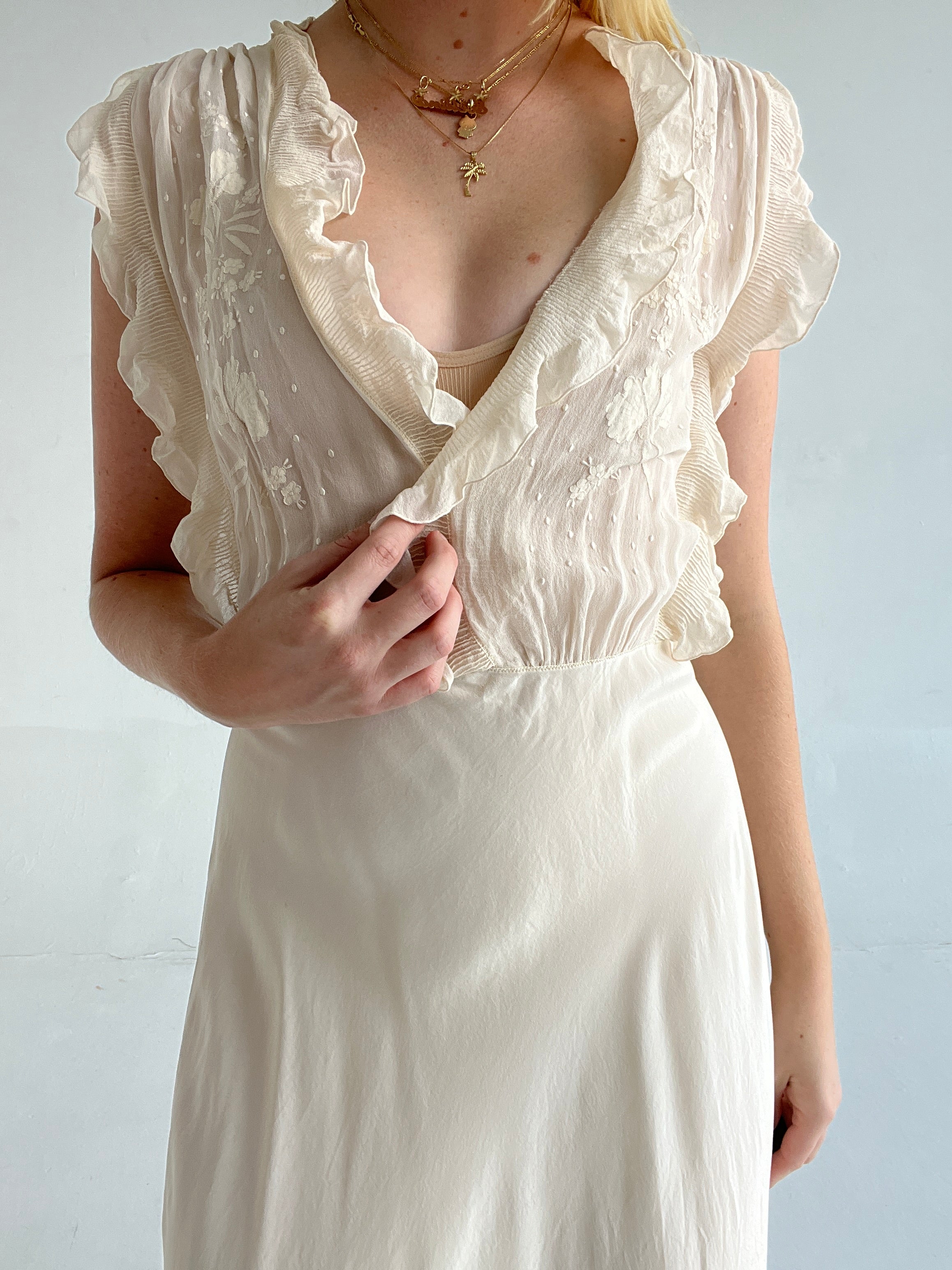 1930's White Silk Dress with Embroidery and Ruffle