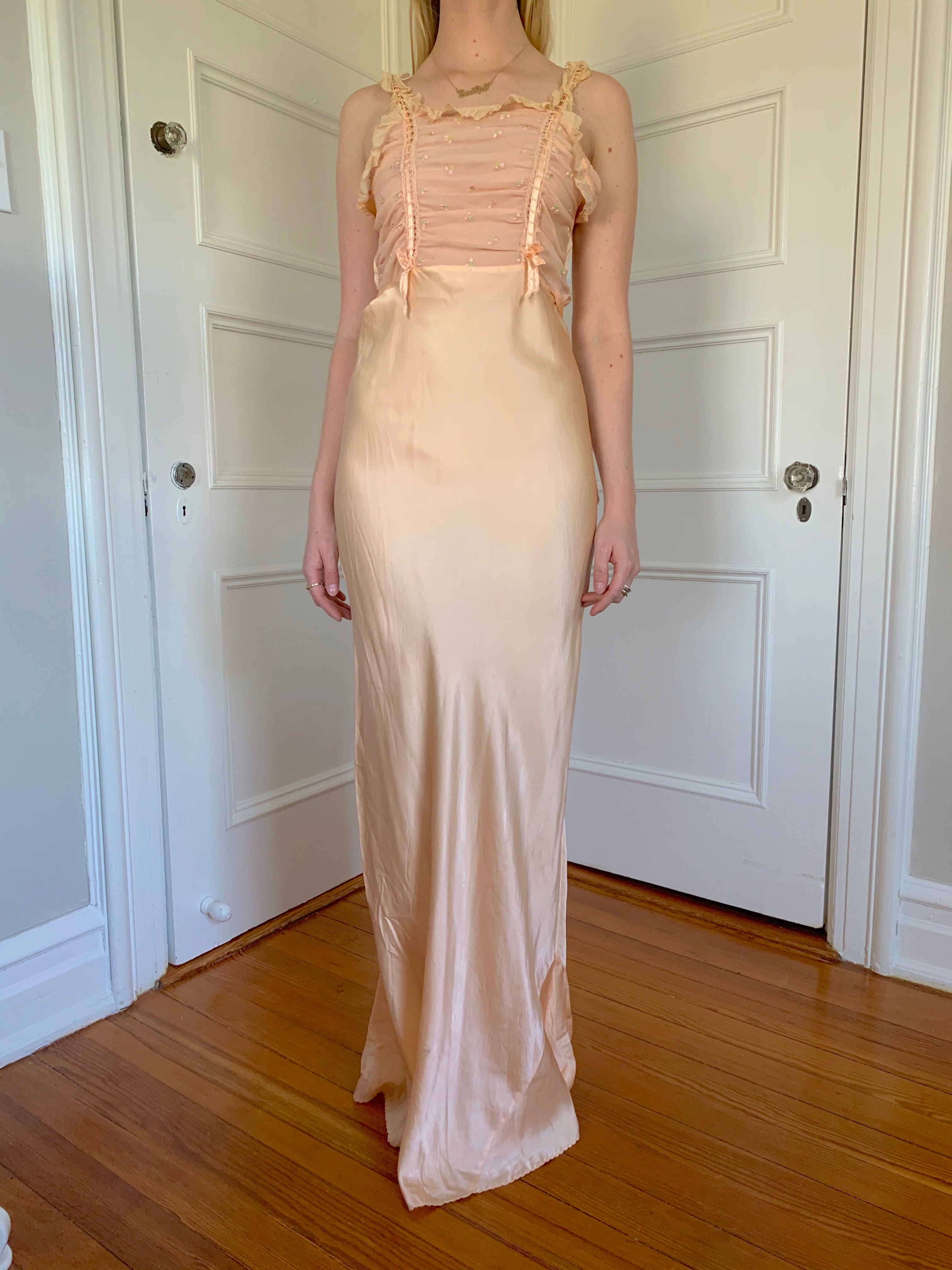 Peach Silk Slip with Chiffon Bust, Ribbons, and Floral Embroidery