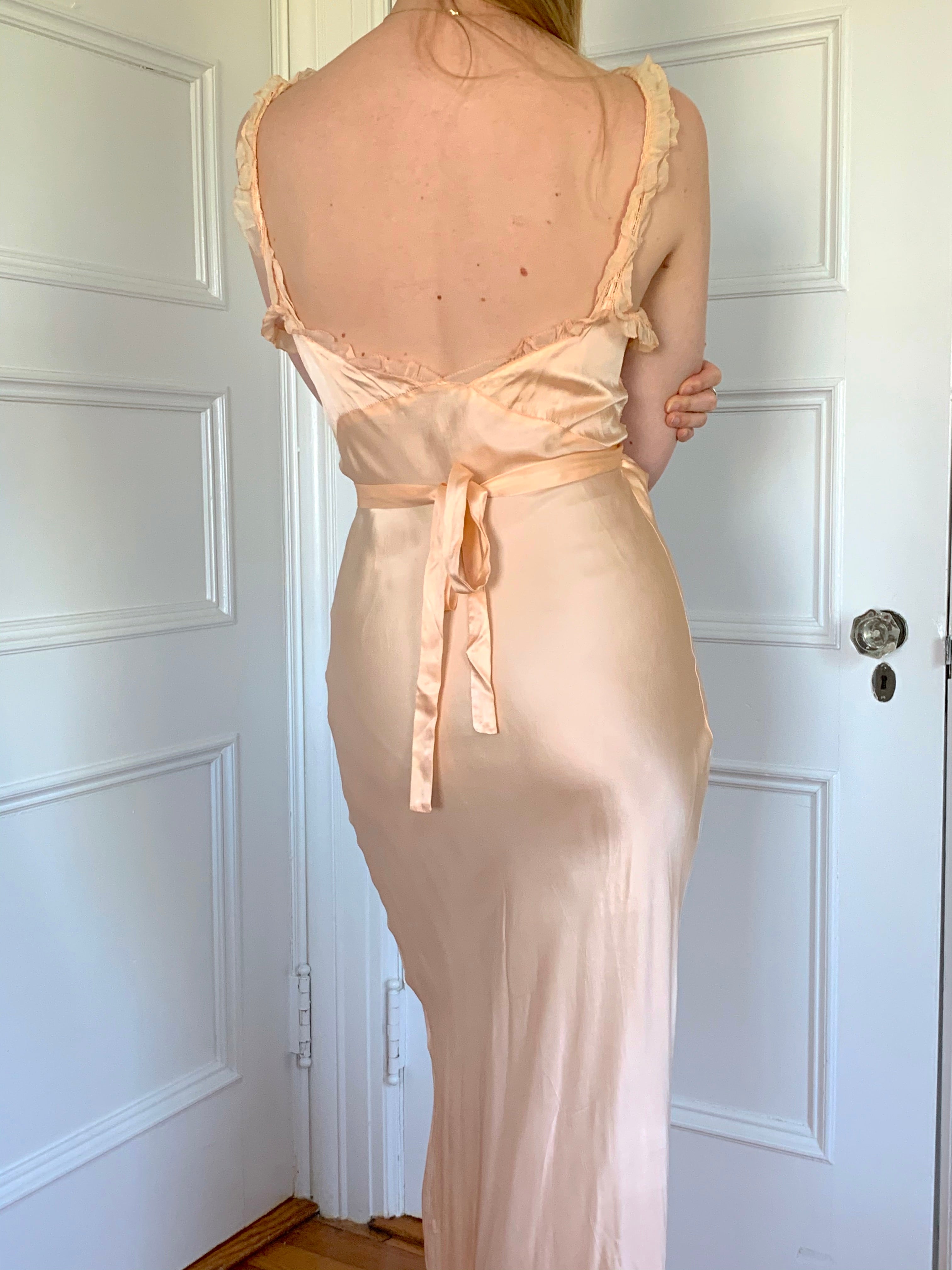 Peach Silk Slip with Chiffon Bust, Ribbons, and Floral Embroidery