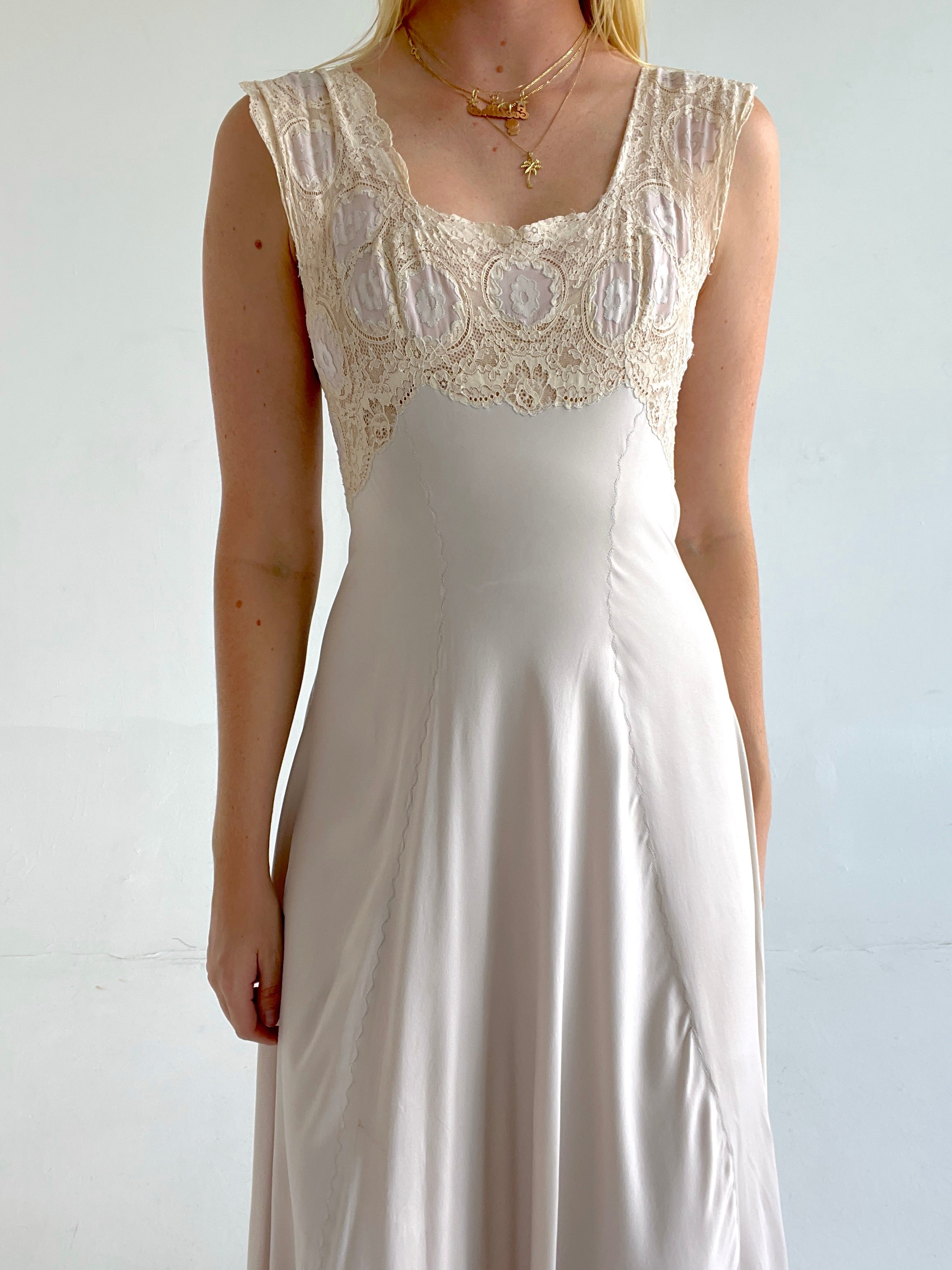 1930's Pale Lilac Silk Dress with Cream Lace