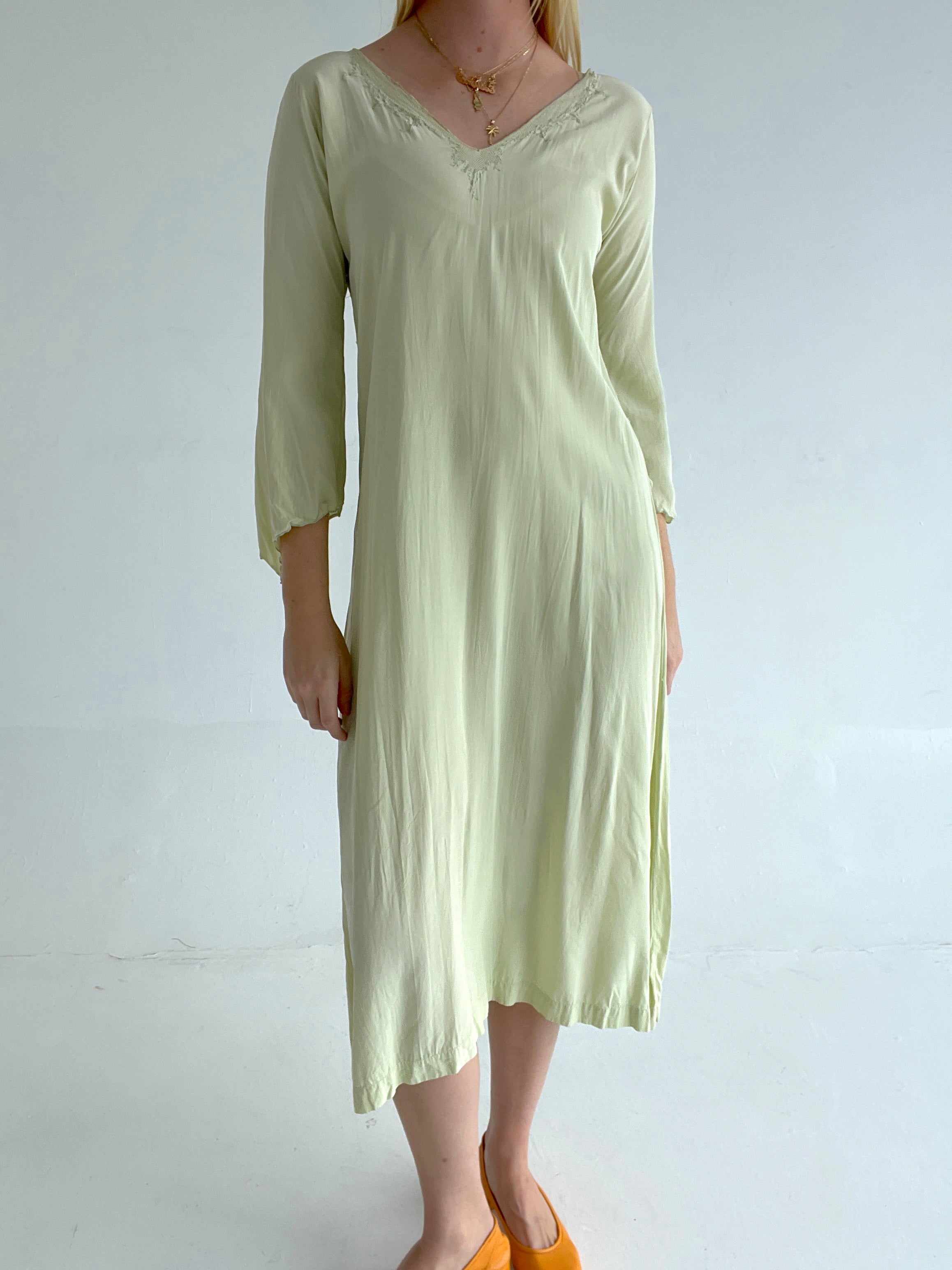 1940's Silk Long Sleeve Pale Green Butterfly Dress