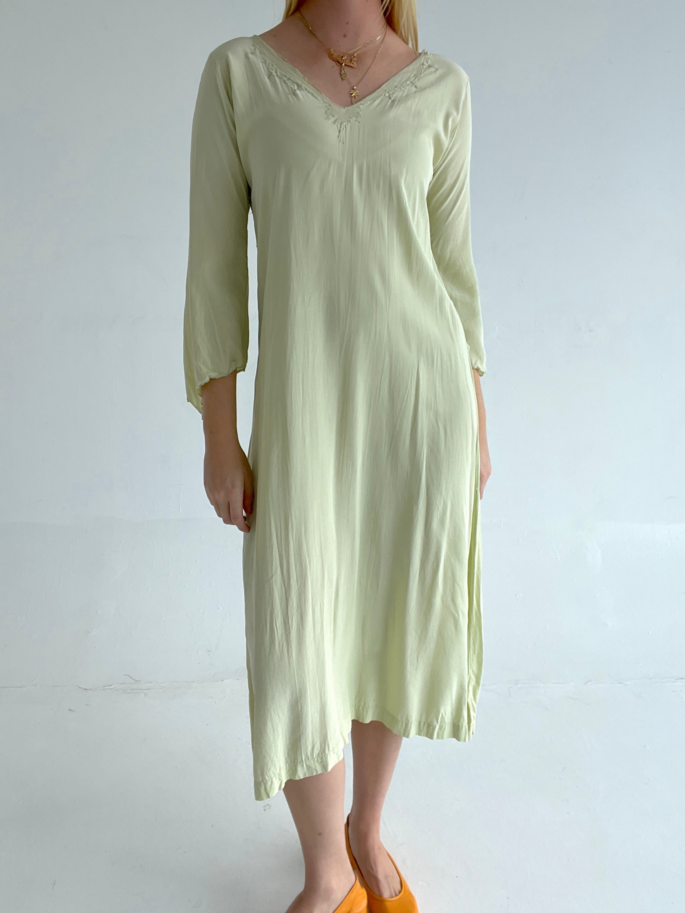 1940's Silk Long Sleeve Pale Green Butterfly Dress Eveliina Vintage 1940's Silk Long Sleeve Pale Green Butterfly Dress Eveliina Vintage