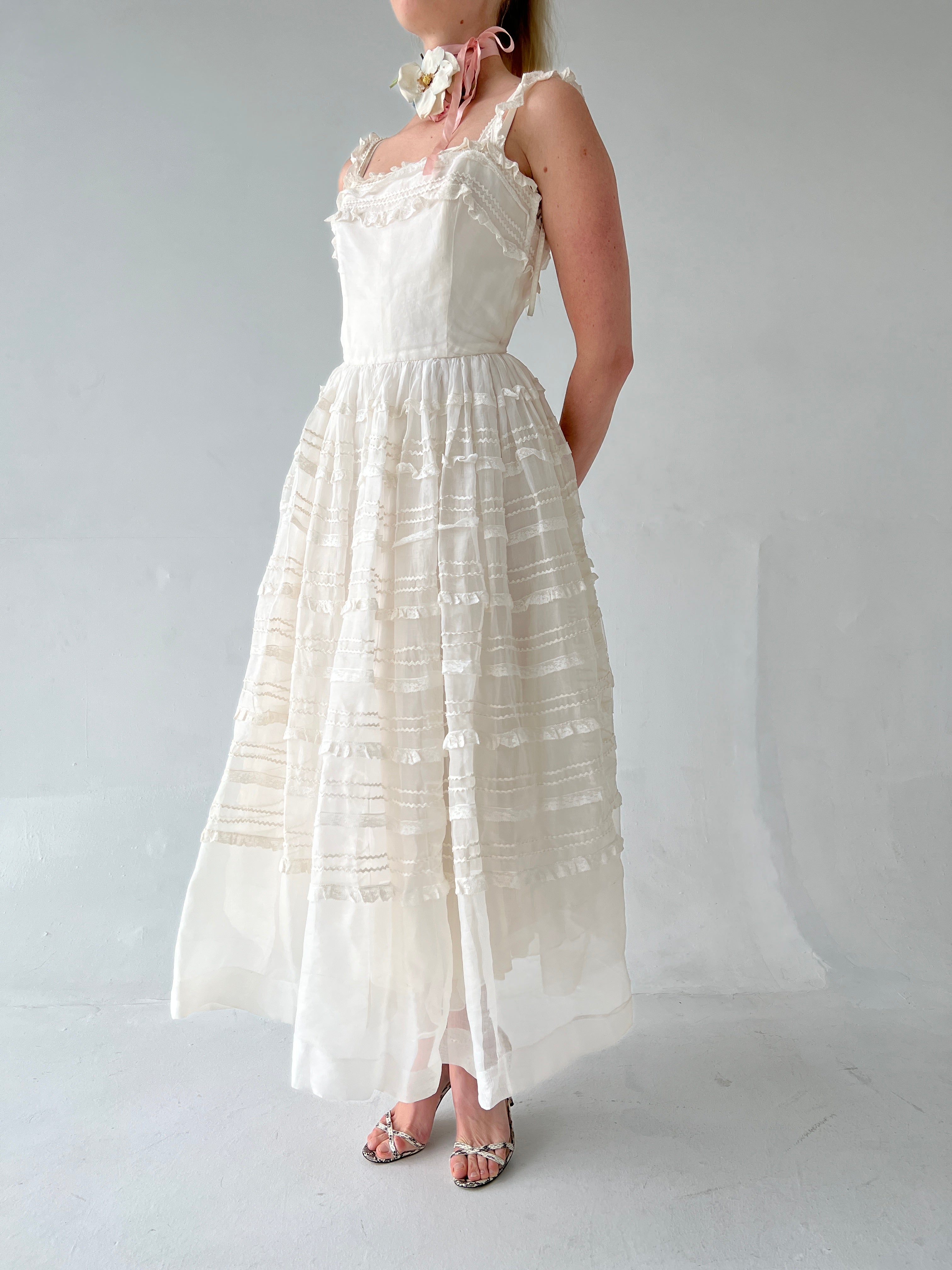 1920's White Tiered Organza Dress