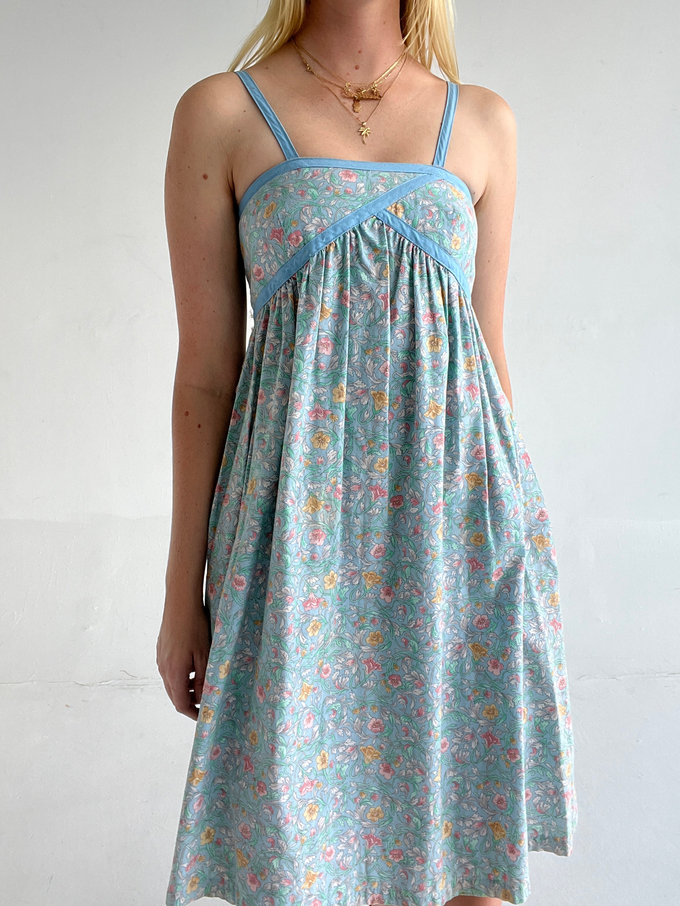 1950's Blue Cotton Floral Print Dress