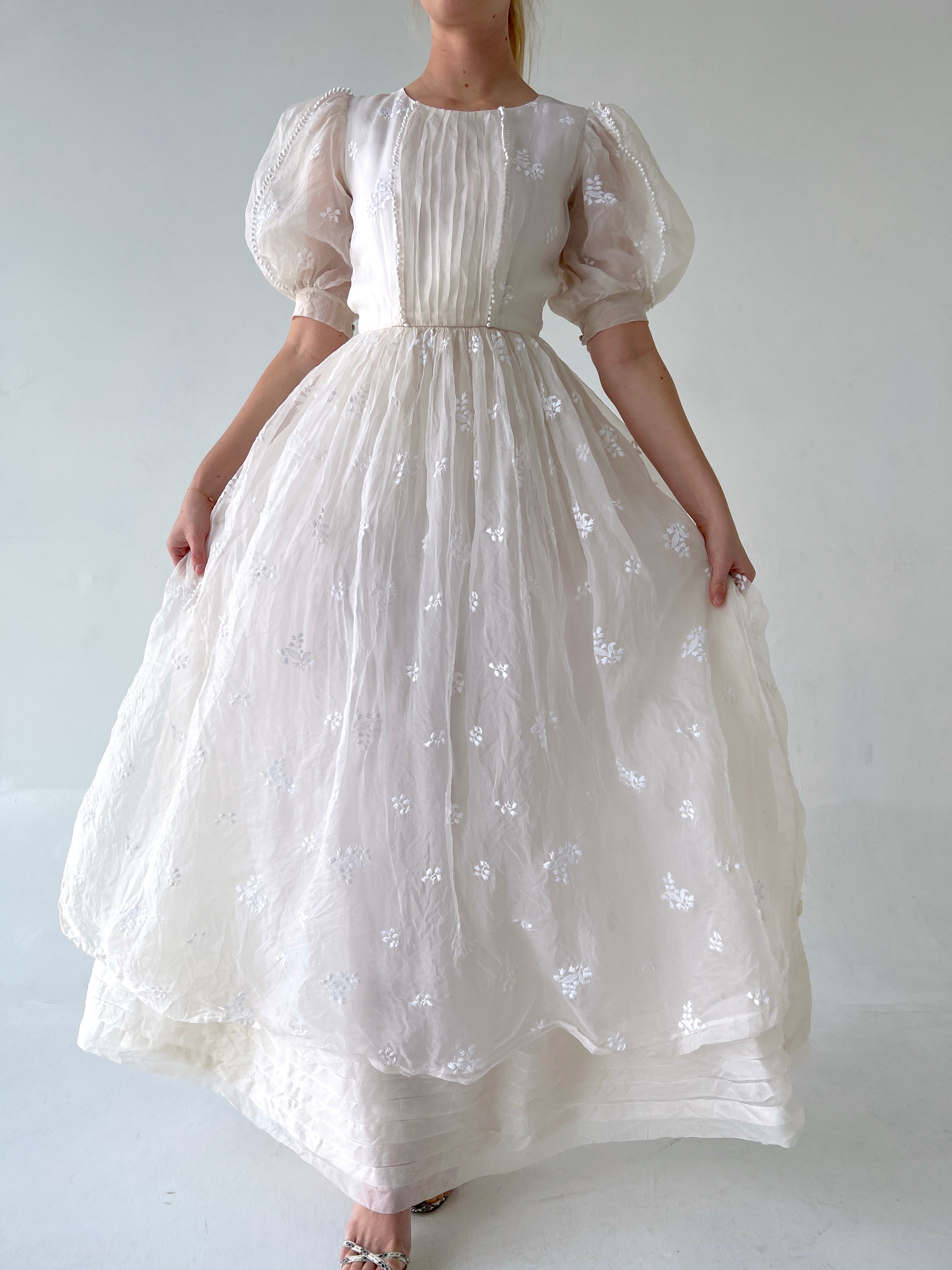1940's Embroidered Organza Puffed Sleeve Gown