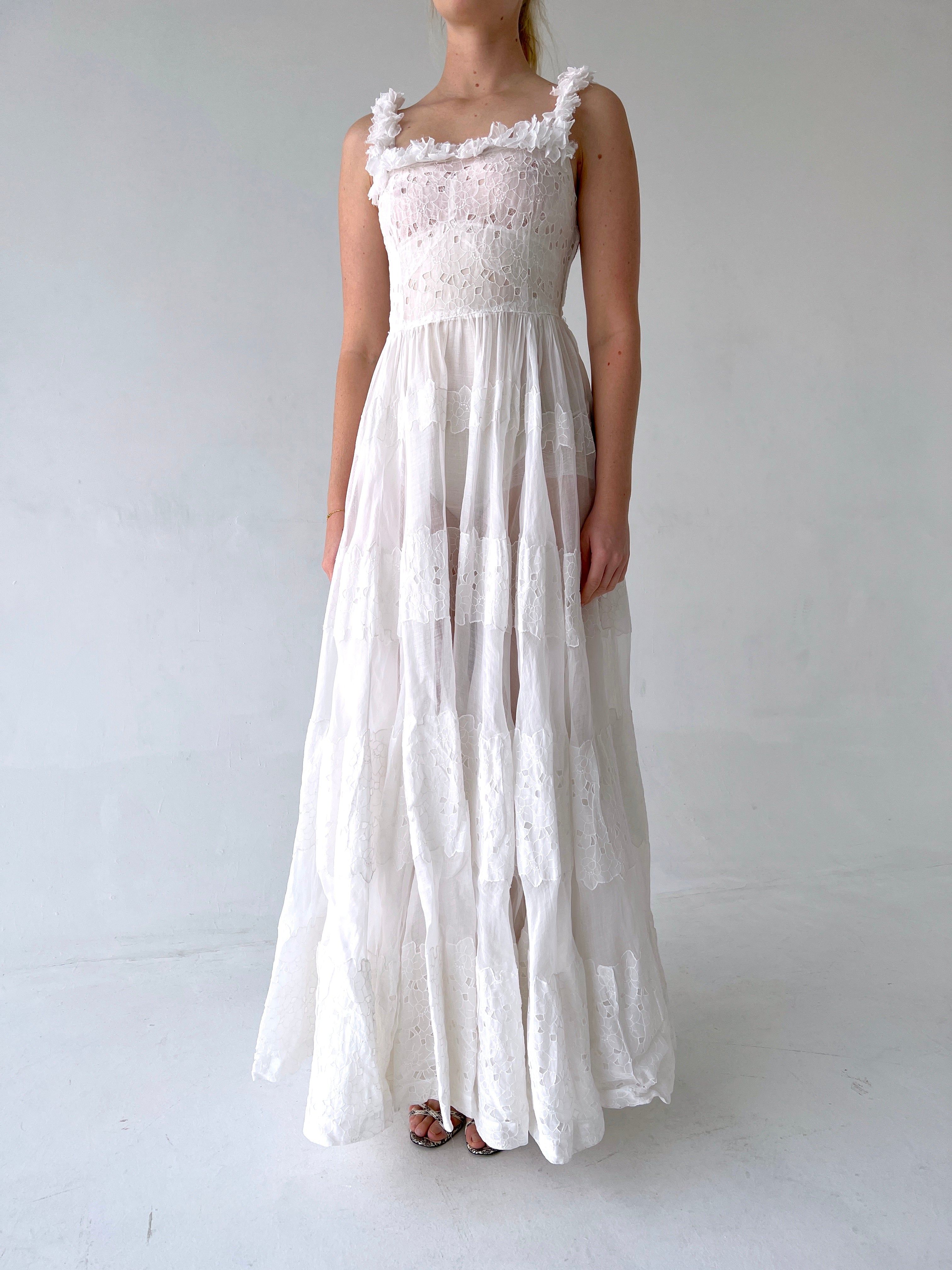 1930's White Floral Organza Gown