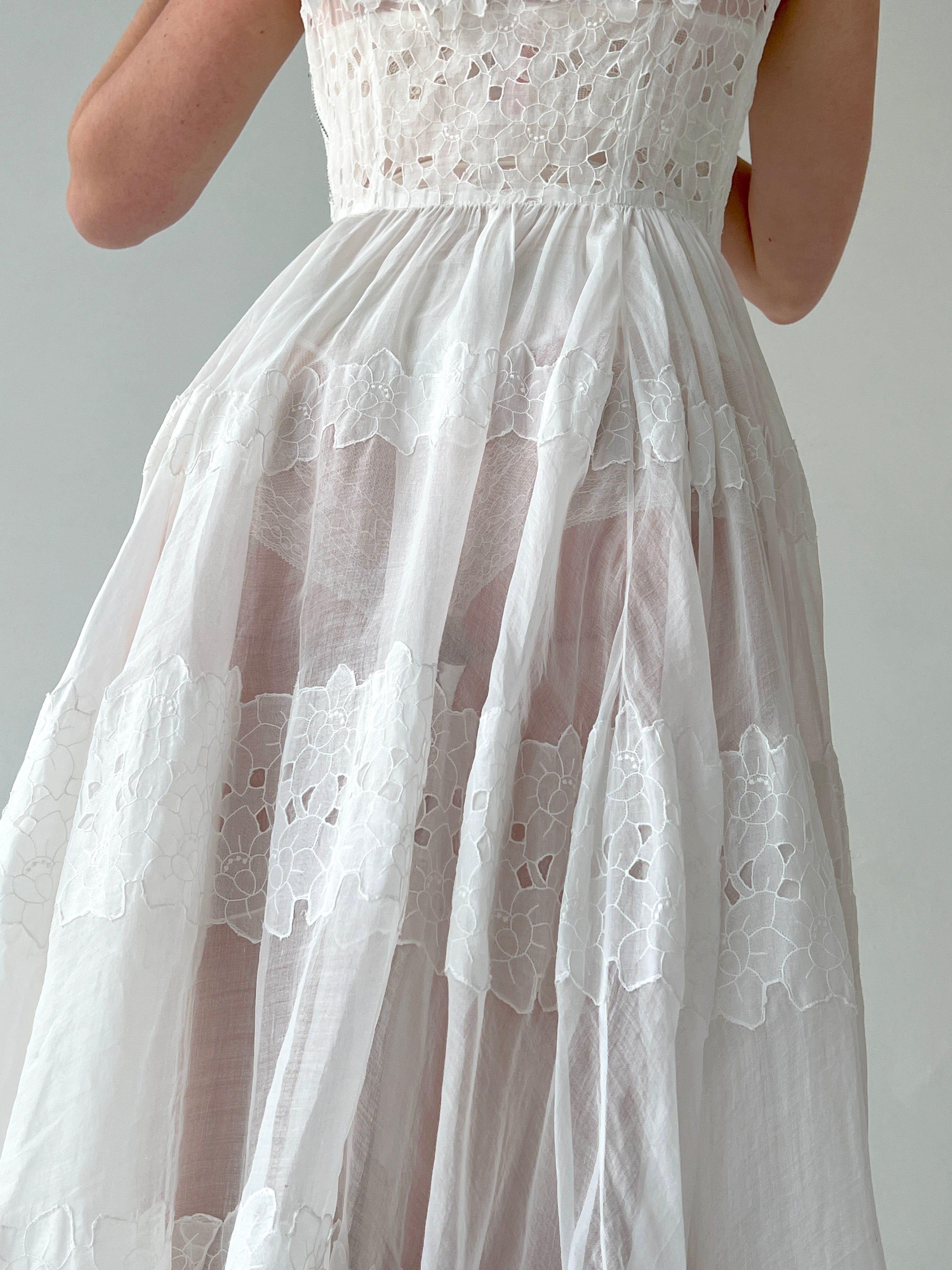1930's White Floral Organza Gown