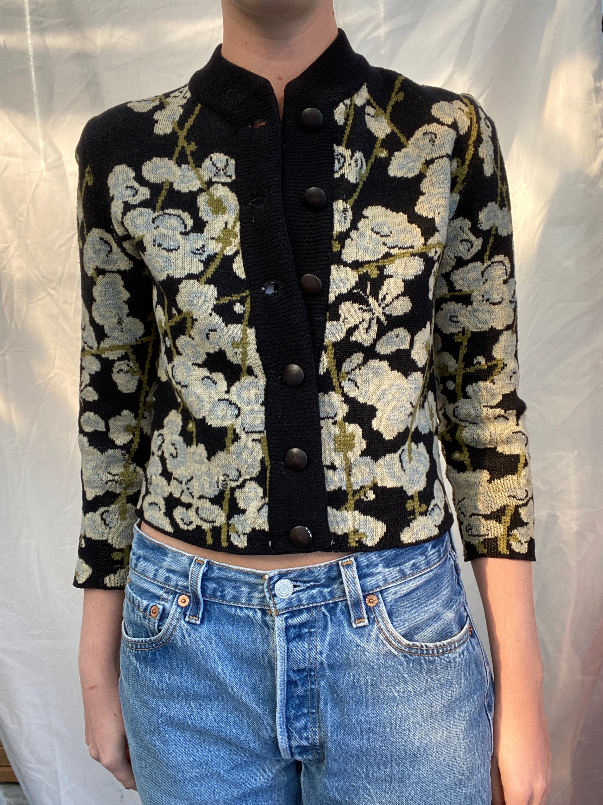 Cropped Floral and Butterfly Print Cardigan