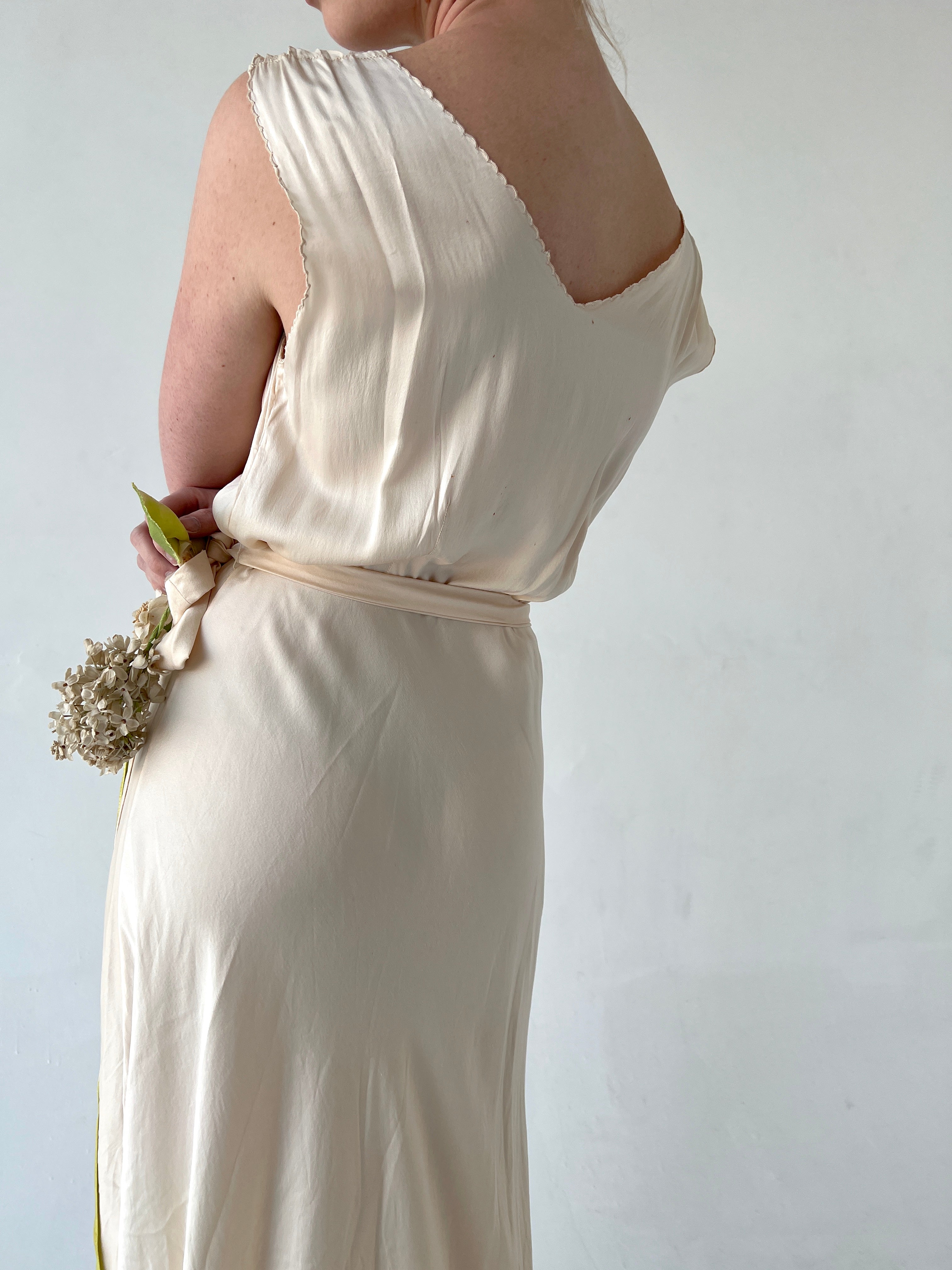 1930's Cream Silk Dress with Bow Embroidery