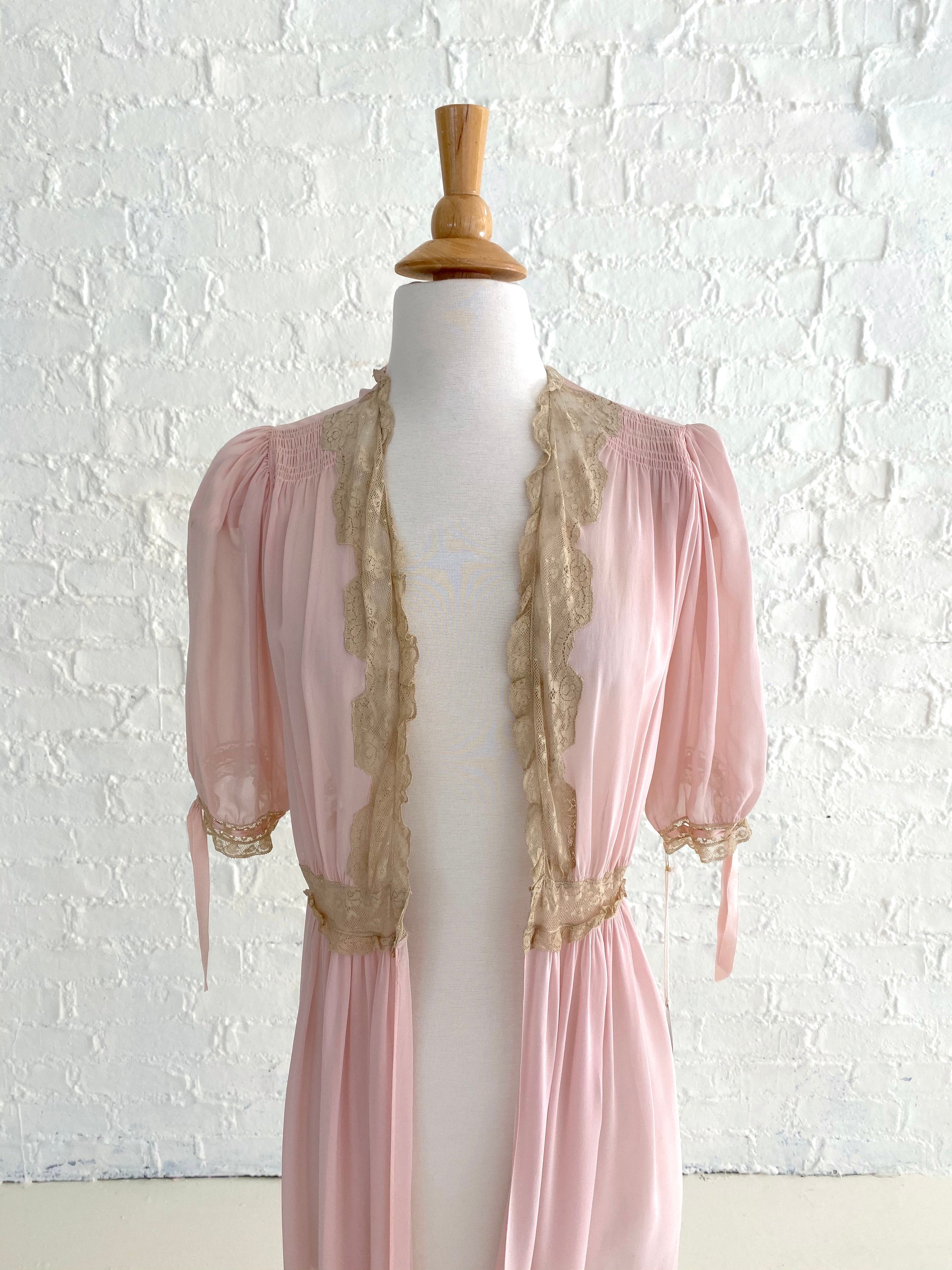 Dusty Pink Chiffon Robe with Cream Lace Detail