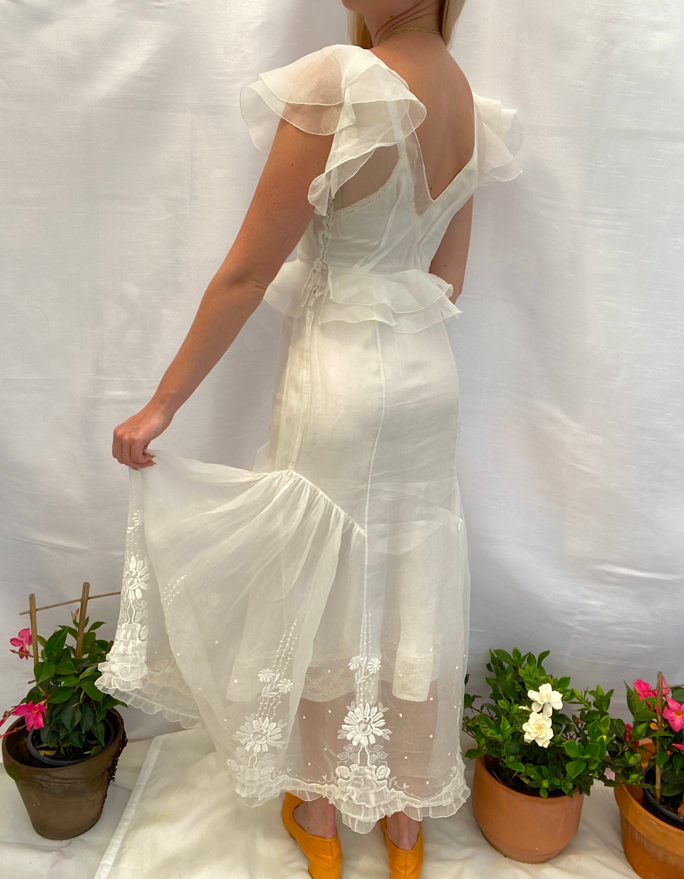 1930's White Organza Dress with Floral Embroidery